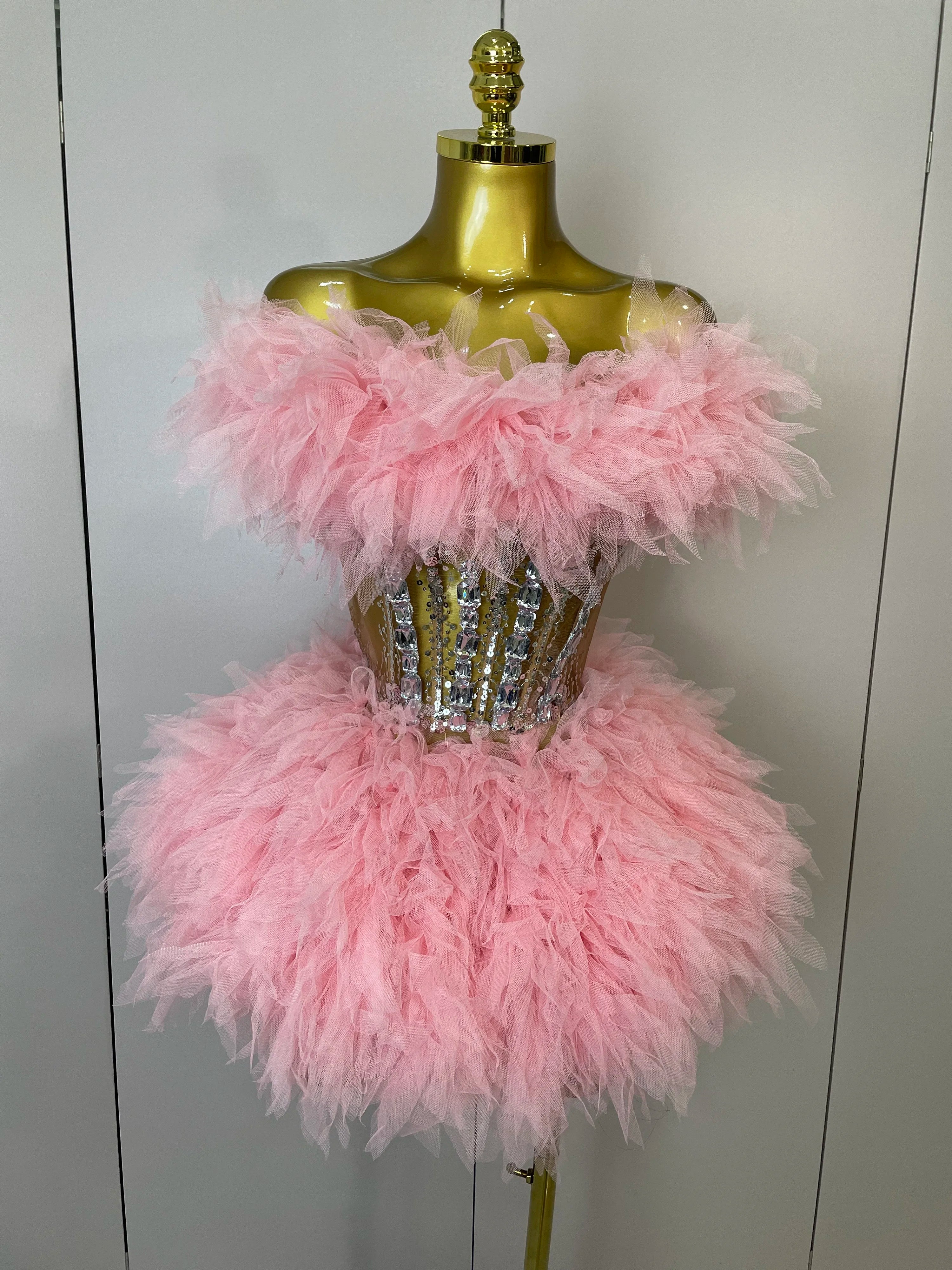 2025Women Sexy Backless Strap Mesh Fluffy Skirt 2 Pieces Diamond Sequins Stage Performance Costume Birthday Party Shooting Dress