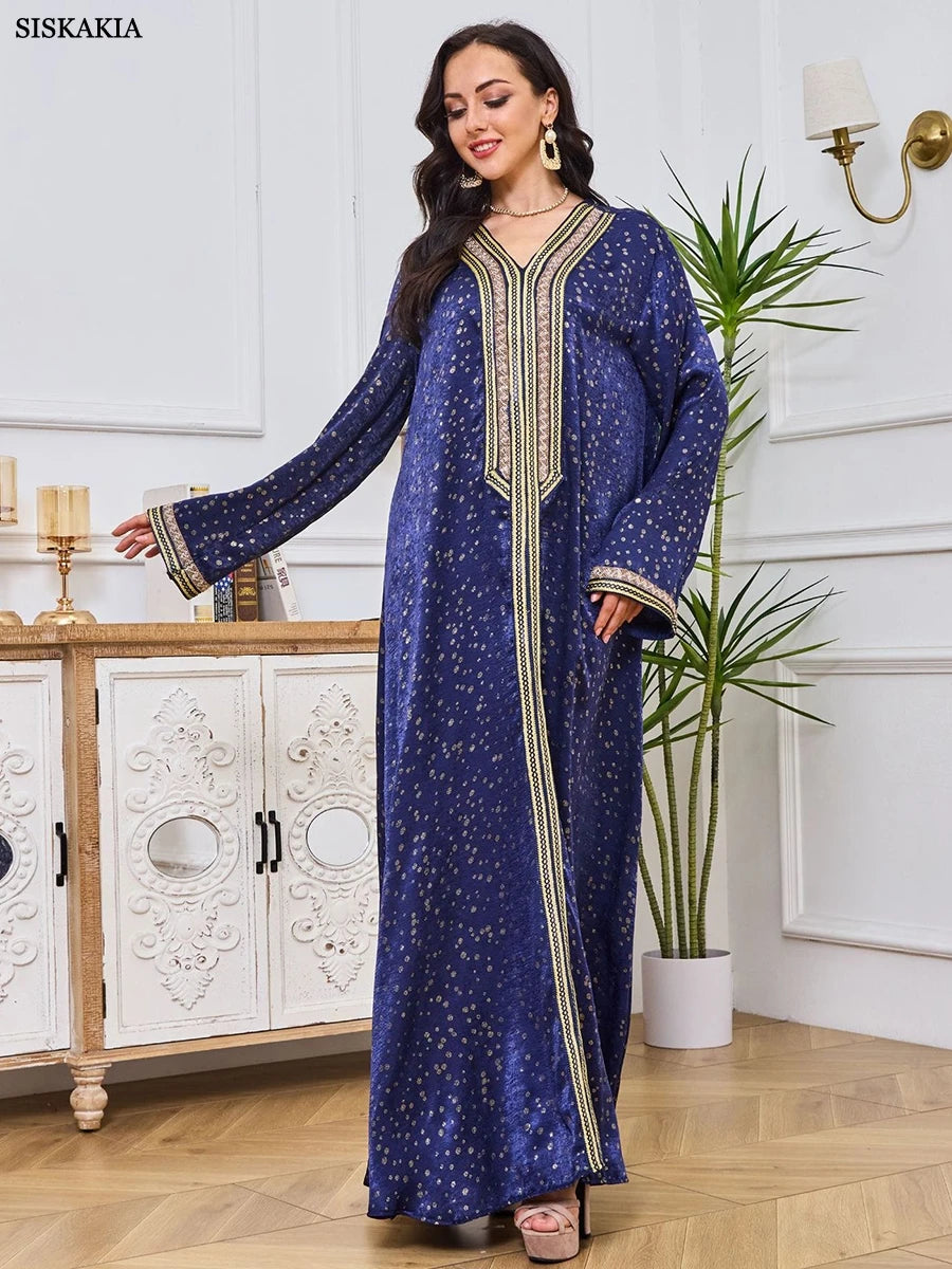 Islamic Women Clothing Elegant Ethnic Abaya Dress Diamonds Tape Trim Full Sleeve V-Neck Casual Loose Long Dress Gulf