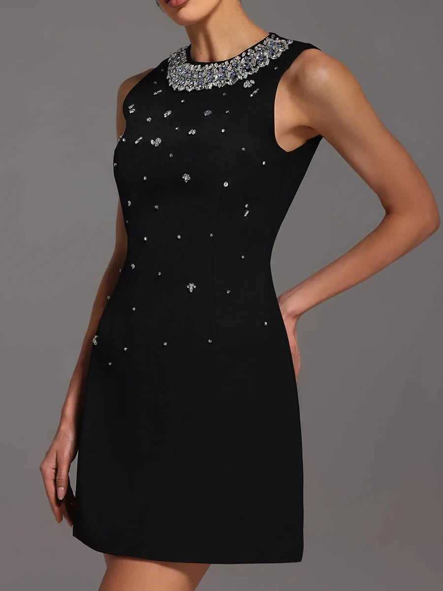 TWOTWINSTYLE Solid Slimming Spliced Bead Luxurious Mini Dresses for Women Round Neck Sleeveless Temperament Dress Female Fashion