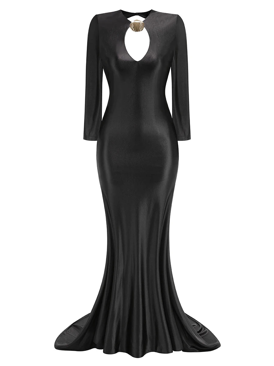 New Arrival Black Color Women Sexy Long Sleeve Keyholes Backless Floor-length Dress Elegant Evening Party Celebrate Outfit