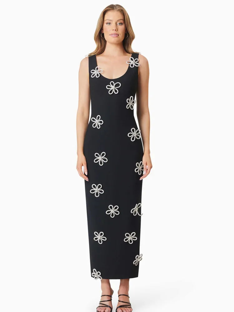 Women Celebrity Sexy Tank Sleeveless Diamonds Black Ankle Length Bodycon Bandage Dress 2025 Elegant Evening Club Party Outfit