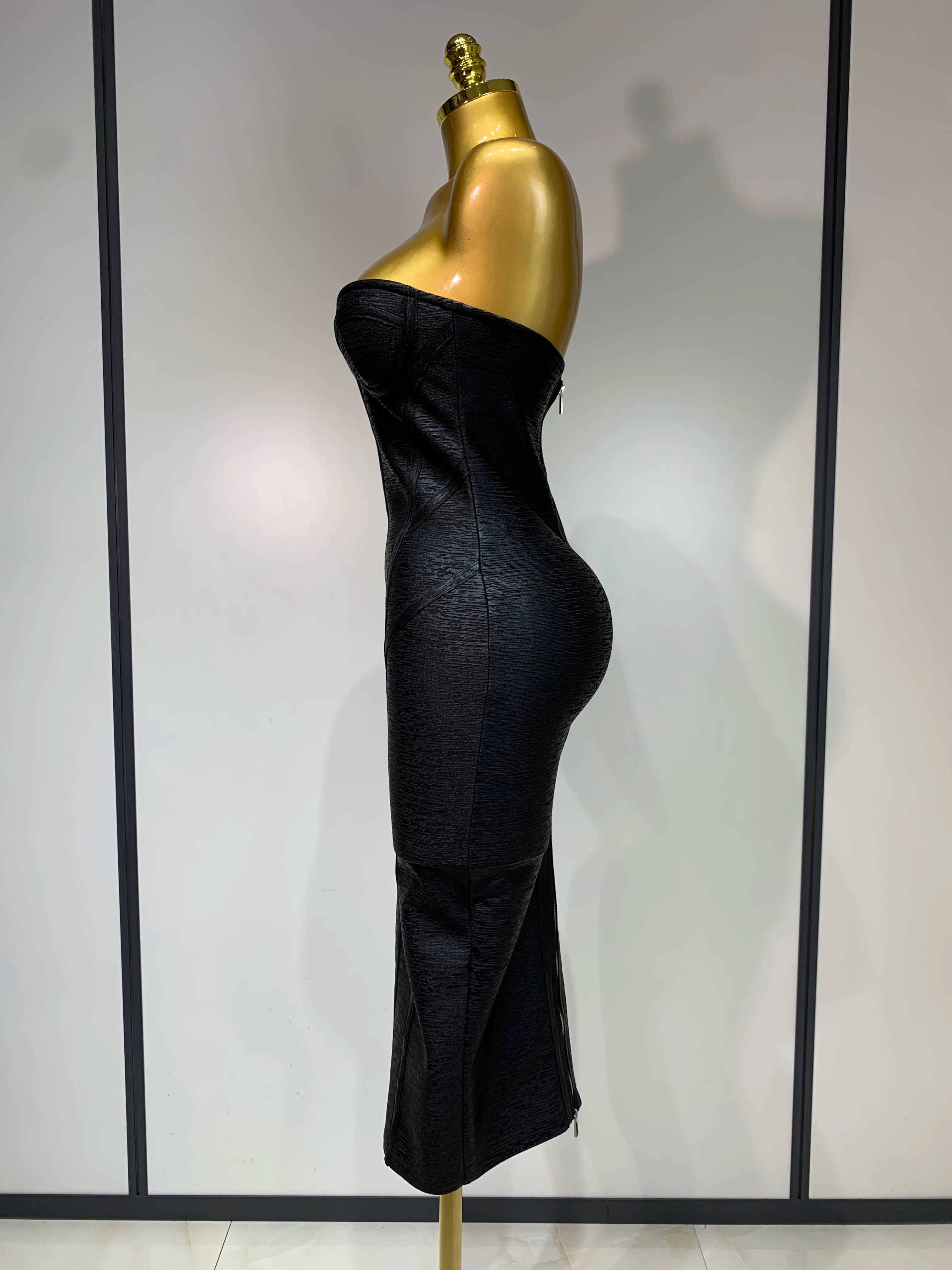 2025 New Women Sexy Strapless Black Foil Color Bodycon Bandage Dress Fashion Celebrate Evening Party Luxury Birthday Dresses