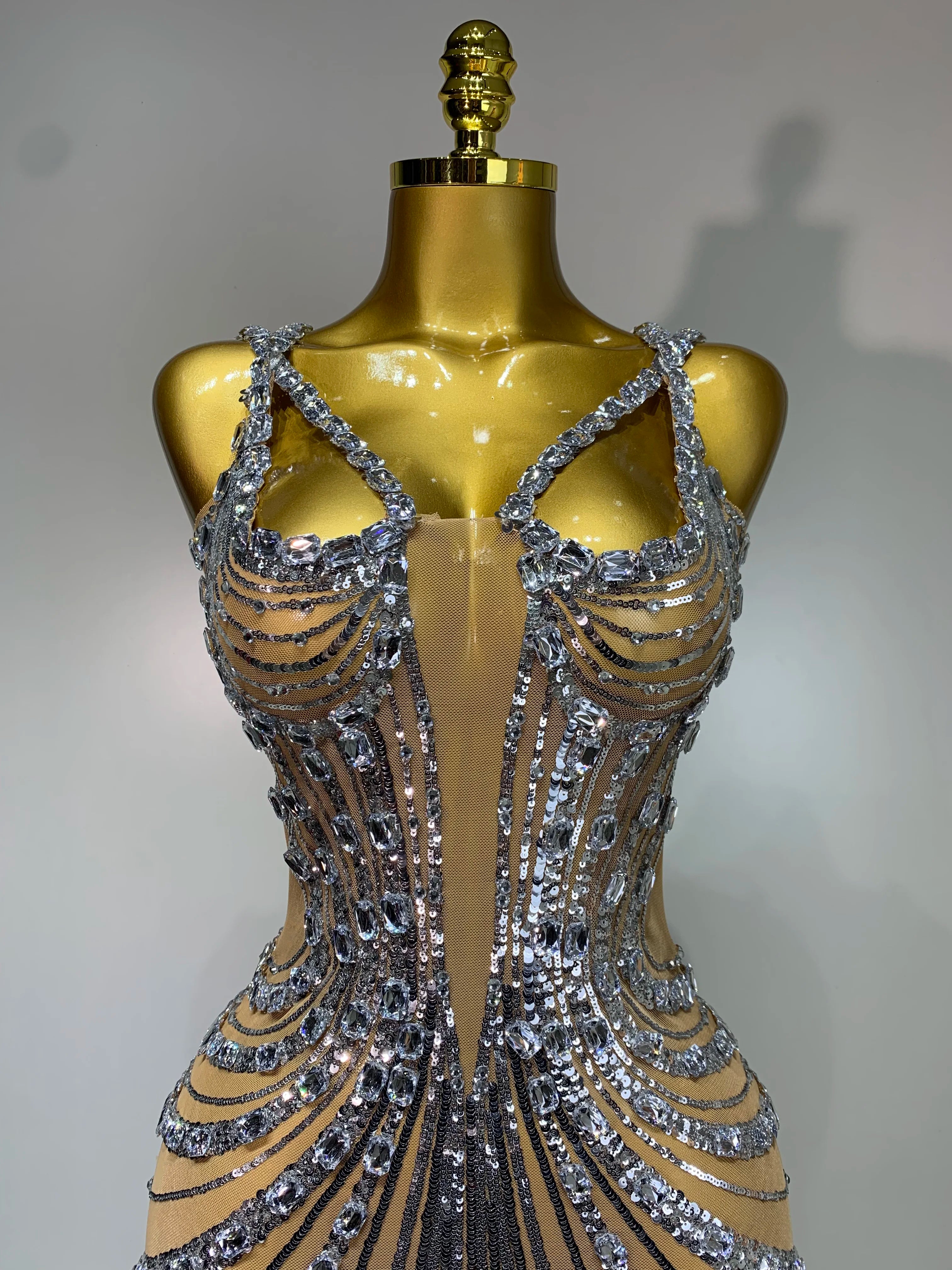 2025 Luxury Sexy Silver Rhinestone White Mesh See Through Long Dress Women Birthday Party Prom Gown Singer Nightclub Outfit