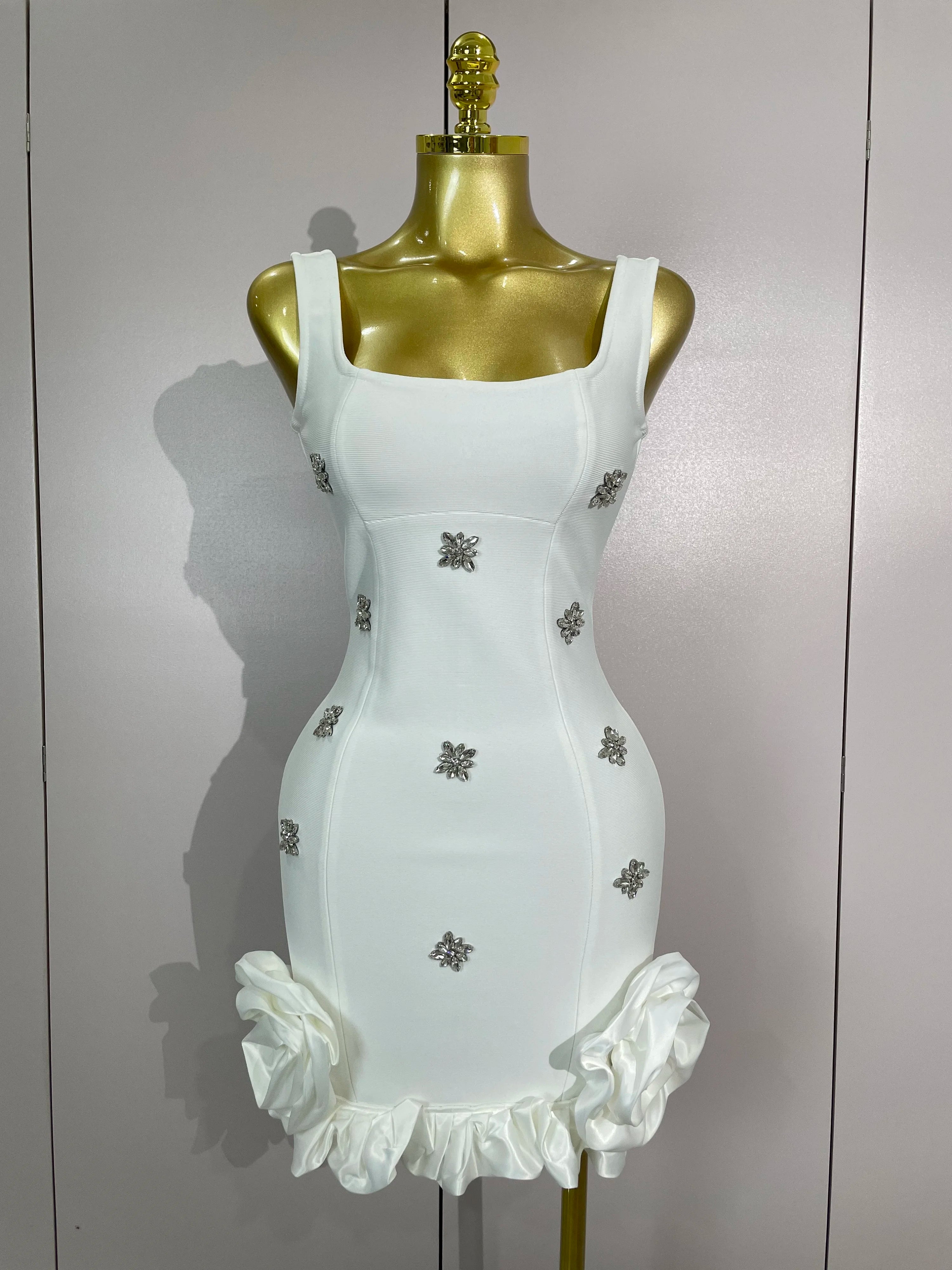 2025 New STyle Shining Crystal Women Sleeveless Bodycon Mini Bandage Dress Elegant Ruffles Cute Birthday Party Celebrate Dress