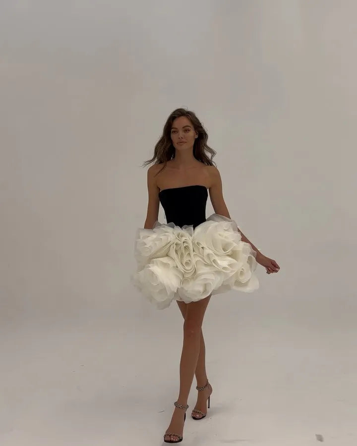 2025 New Summer Women Sexy Strapless Ball Gown Mini Cute Dress Big Florals Celebrate Birthday Party Photo Shoot Outfit