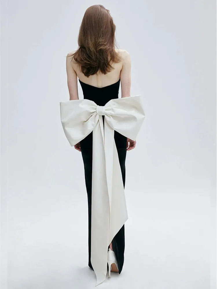 Women Celebrity Sexy Strapless Bow Tie Patchwork Black Maxi Long Bodycon Bandage Dress 2025 Elegant Evening Club Party Dress