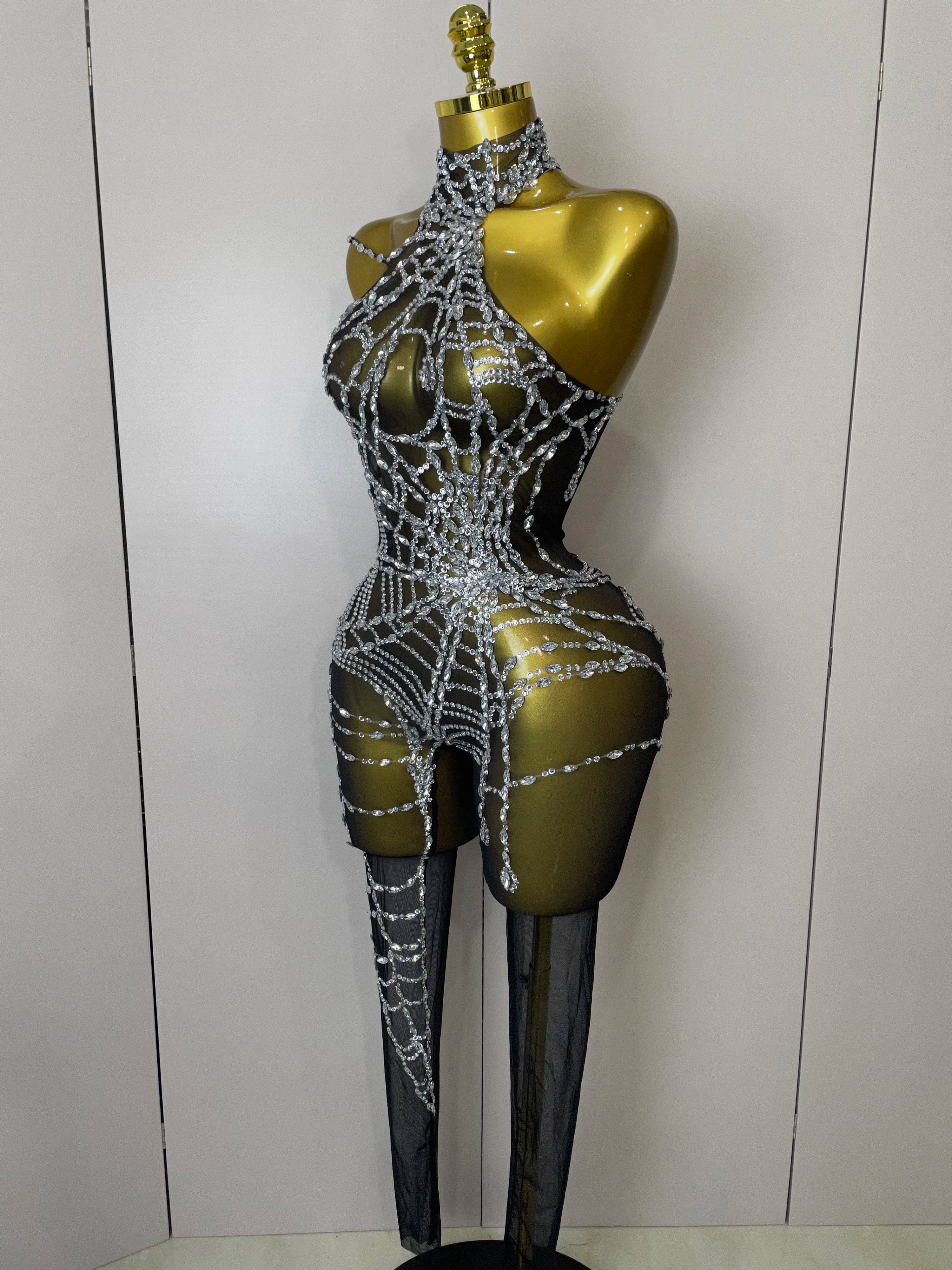 STOCK 2025Women Sparkly Diamond Sexy Mesh Jumpsuit Nightclub Bar Party Show Gogo Dancer Clothing Drag Queen Outfit Stage Costume