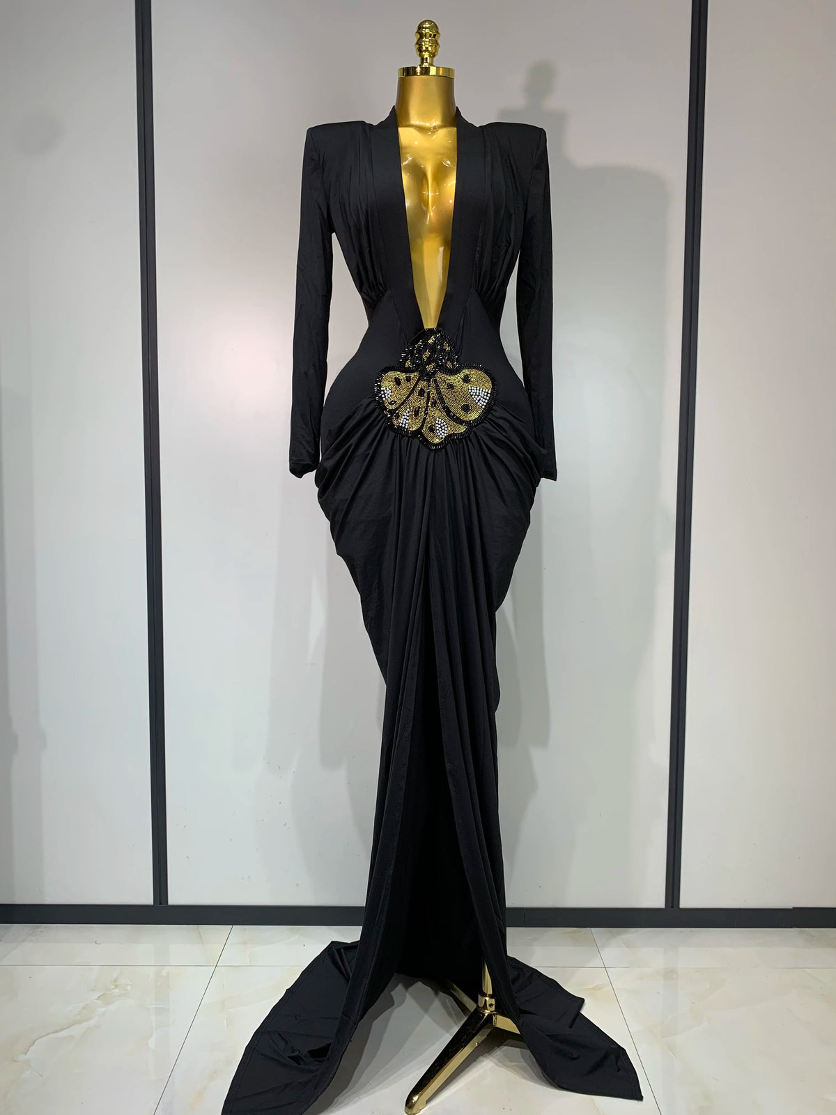 Women Sexy Deep V-Neck Bead Long Sleeved Bodycon Prom Gowns Elegant Celebrity Evening Maxi Dress Luxury Birthday Dress Wedding