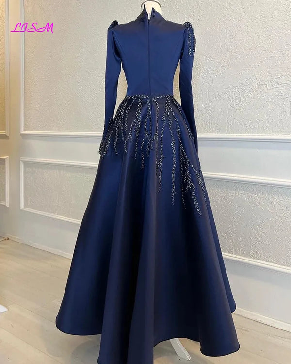 Navy Satin Beaded Long Sleeve Muslim Evening Dresses Moroccan Caftan High Neck Formal Party Ball Gowns Robe De Soiree