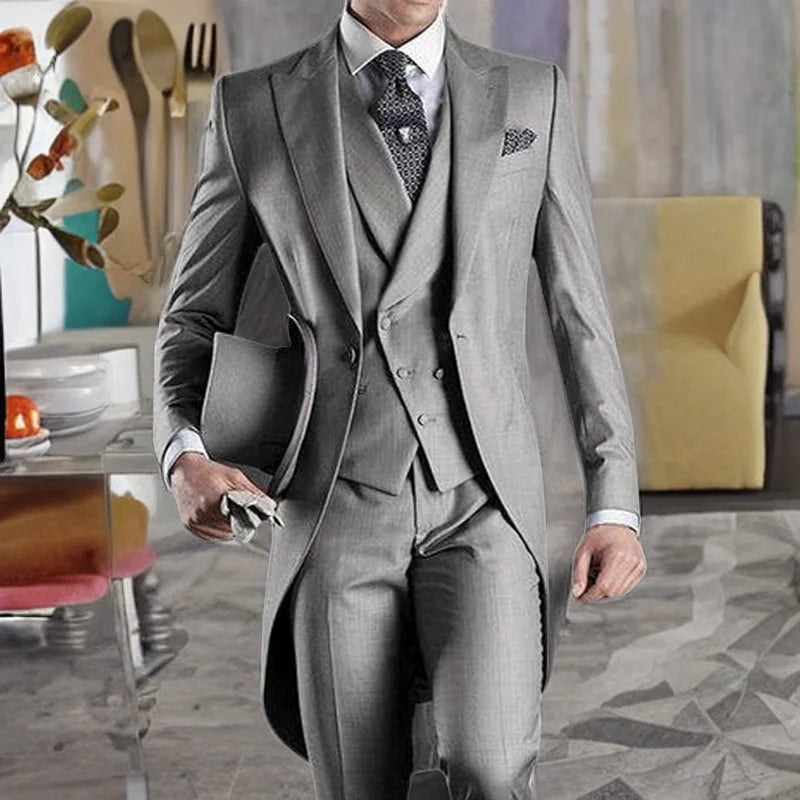 Black Wedding Tailcoat for Groom Dinner Party Tuxedo 3 Piece Formal Men Suits with White Vest Pants Male Fashion Prom 2023 GRAY