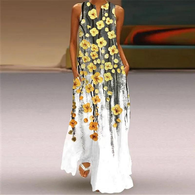 Fashionable Women's Hollow V-neck Maxi Dress Fresh Flower Print Sleeveless Loose Straight Beach Seaside Vacation Long Dress
