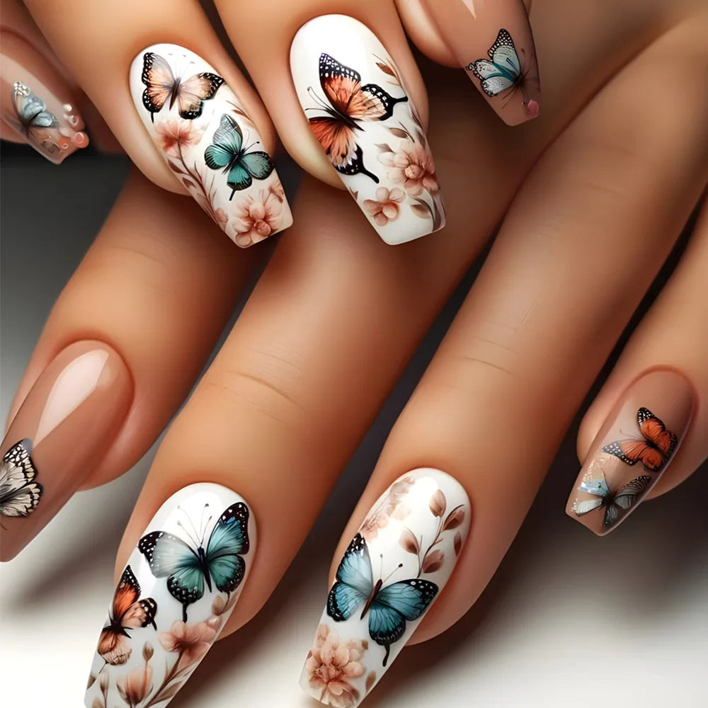 Fake Nails Full Cover Leaf Butterfly Design Art with Glue Wearing French Ballet False Nails Detachable Mid-length Manicure 24Pcs
