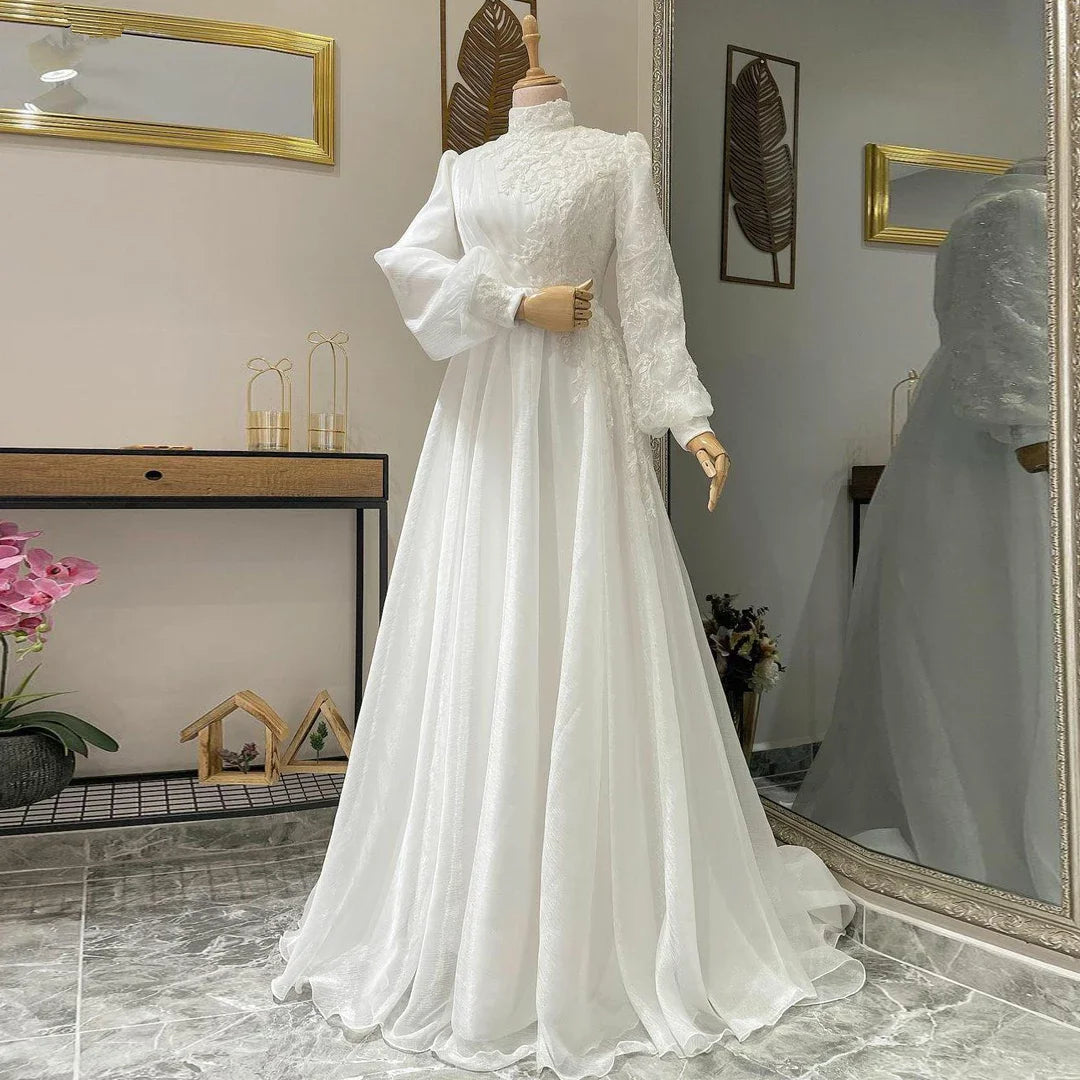 Robe De Mariée Ivory Long Sleeves Muslim Wedding Gowns A-line Applique Tulle High Neck Lace Bridal Dress For Elegant woman