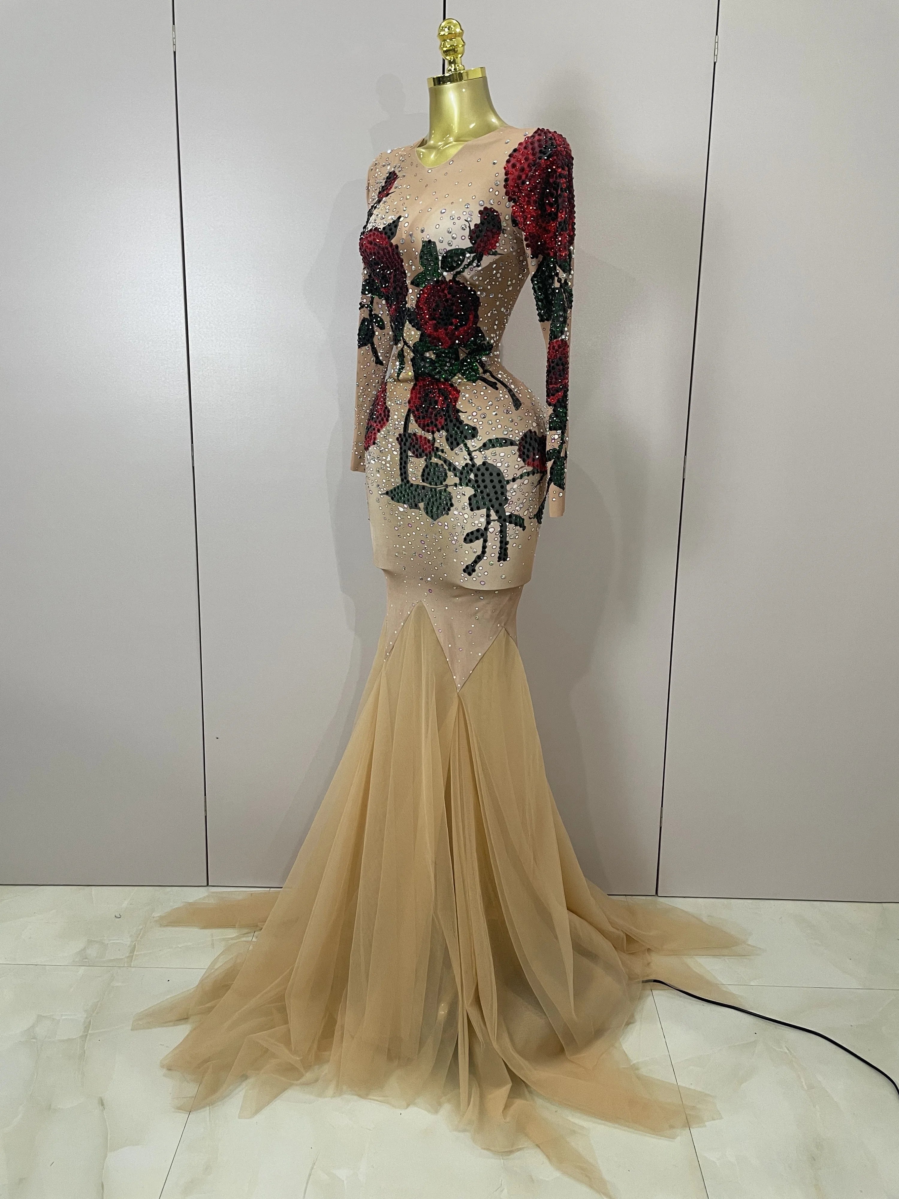 Sexy Shiny Rhinestone Rose Floral Floor-Length Dress Evening Women Eveing Celebrate Birthday Party Nightclub Performance Costume