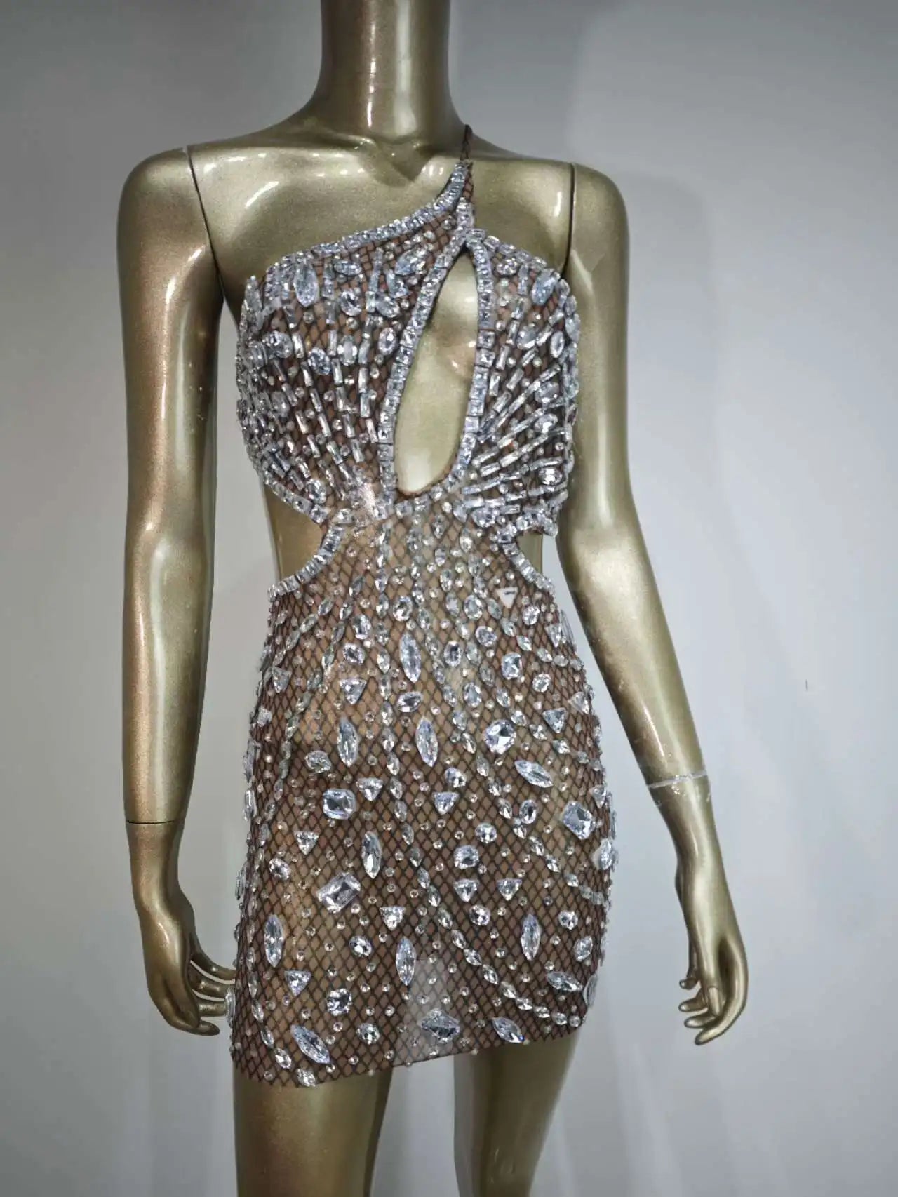 Stock Women Luxury Sexy Mesh Sequins Crystal Diamonds Mini Dress Birthday Party Costume Bar Nightclub Stage Performance Dress