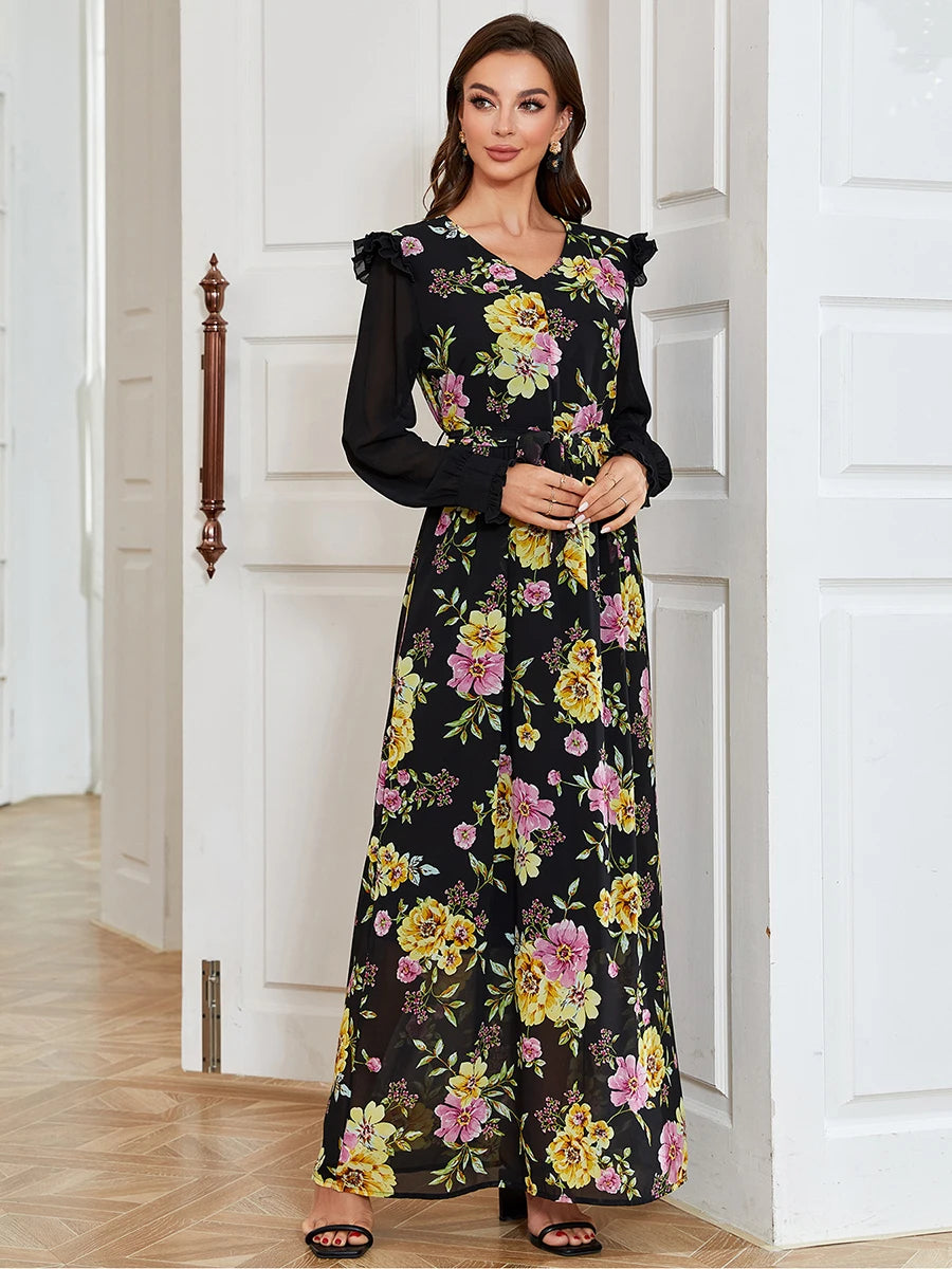 Moda czarna druk tureckie abayas dla żeńskiej eleganckiej patchwork Pathwork pełny rękaw tunik