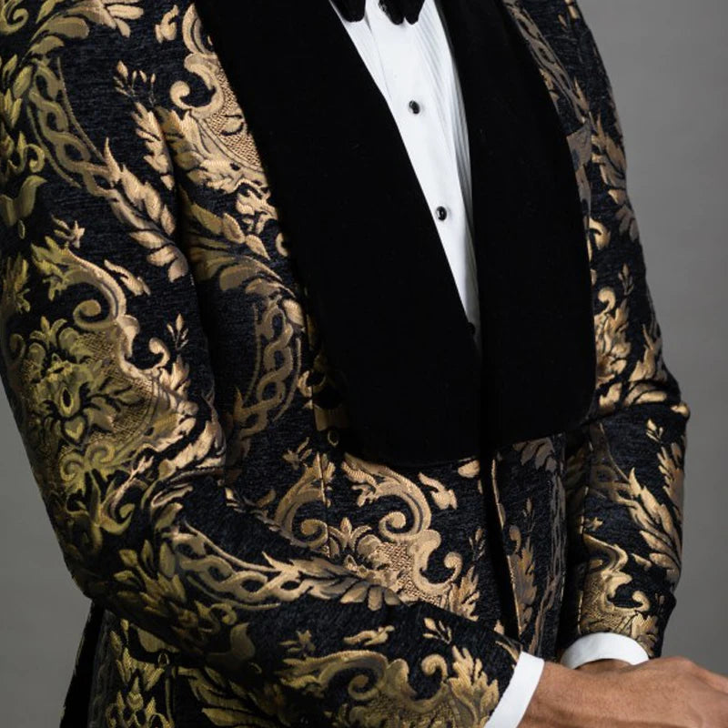 Black Floral Jacquard Men Suits for Prom 2 Piece Slim Fit with Velvet Shawl Lapel Wedding Groom Tuxedo Male Fashion Clothes 2023