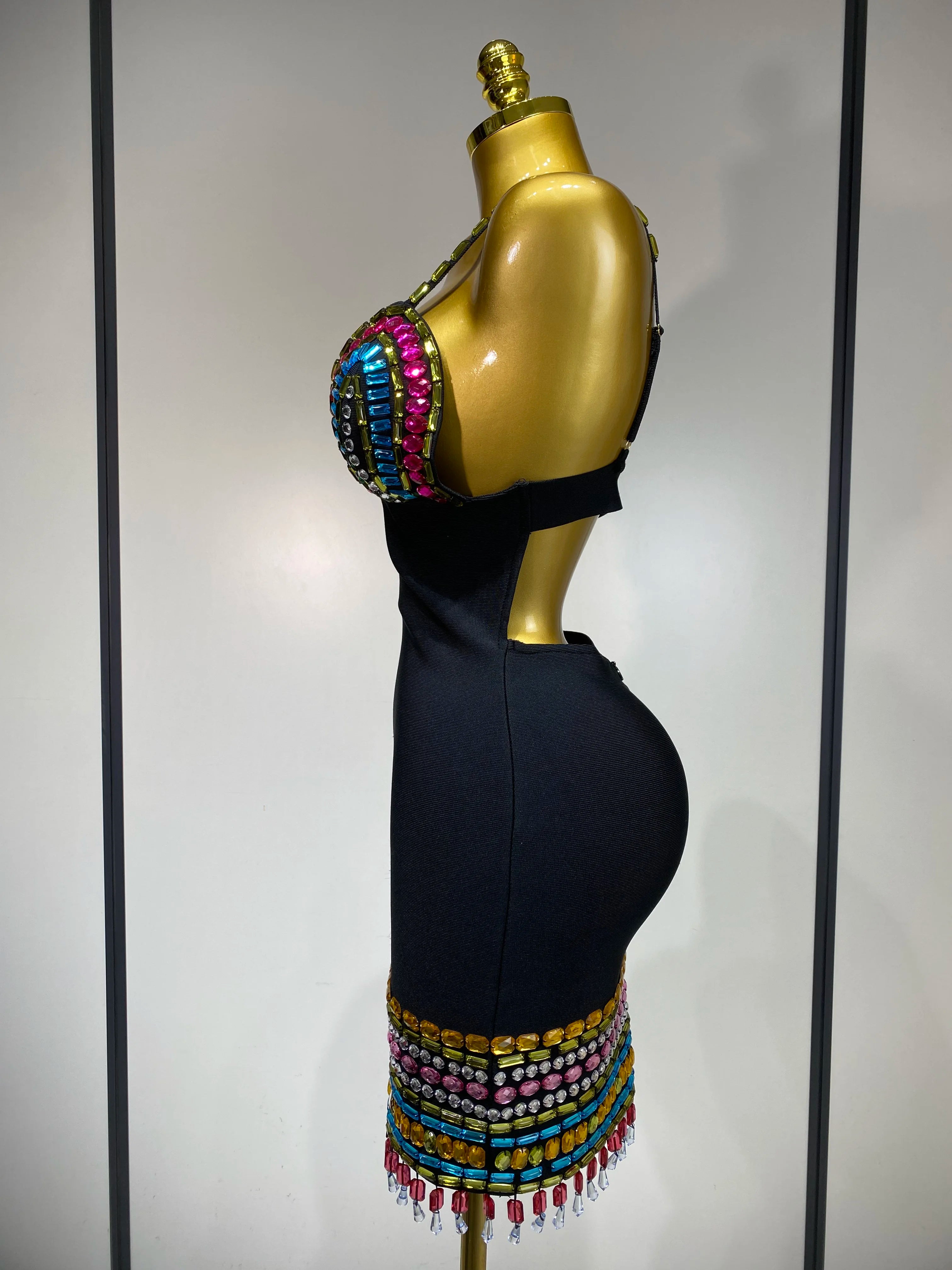 Sparkly Colorful Diamonds V Neck Black Bodycon Bandage Dress 2025 Celebrity Elegant Evening Club Party Luxury Birthday Dresses