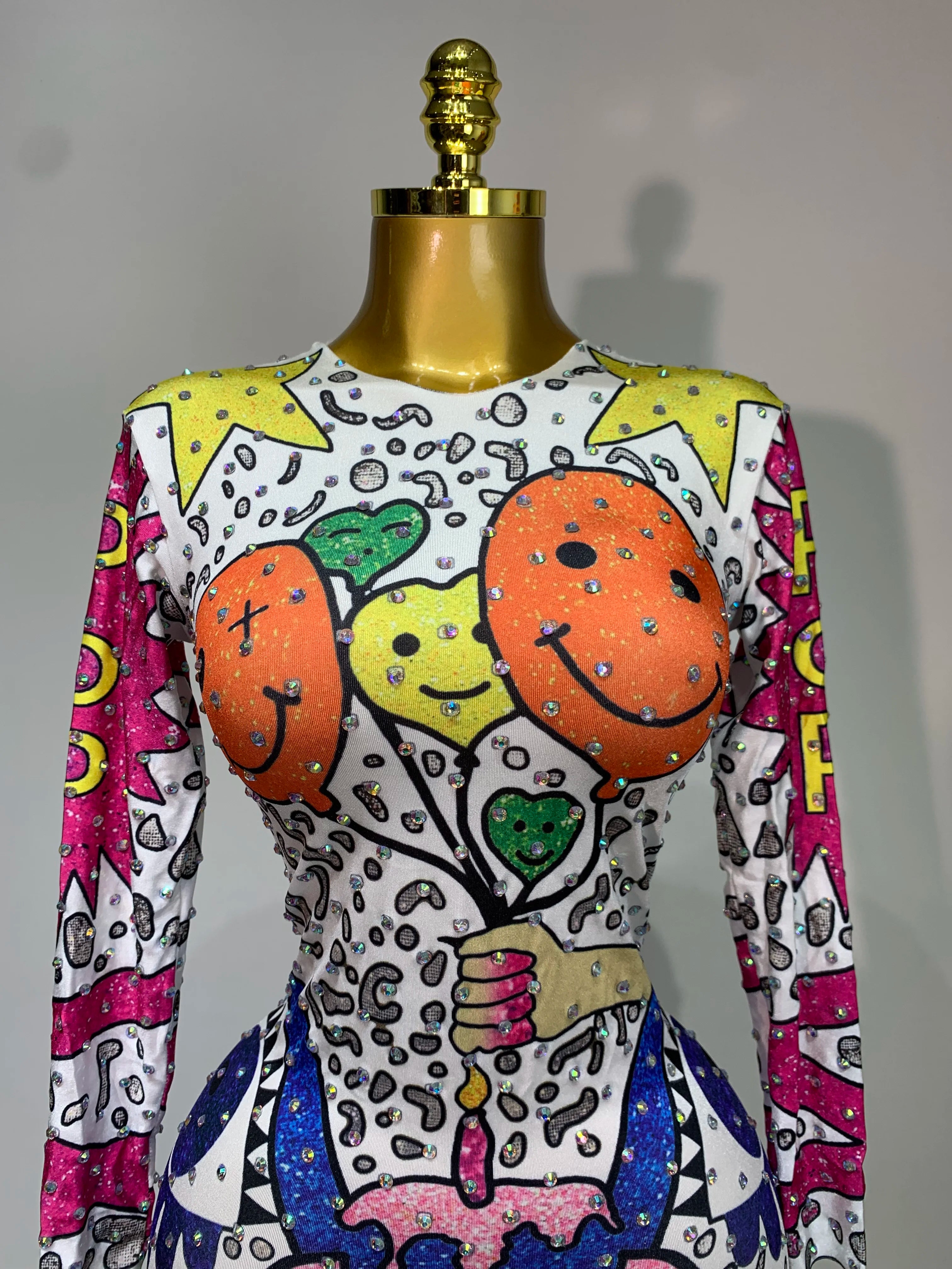 Sparkly Colorful Balloon Cartoon Stretch Sexy Dance Stage Jumpsuit Birthday Party Shiny Rhinestone Performance Club Stage Outfit