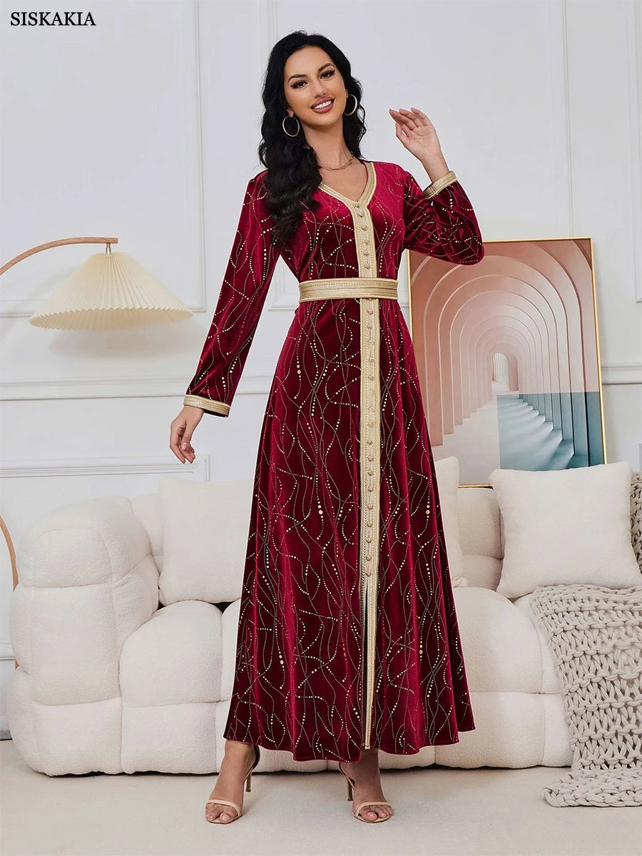 Velvet Autumn Winter Gold Stamping Fashion Red Evening Gown Elegant Long Sleeve V-Neck Abaya With Sashes Muslim Women