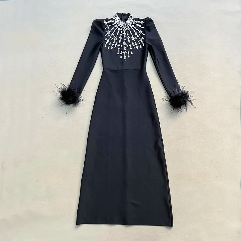 2025 Black Red Color Women Long Sleeve Shinning Crystals Long Maxi Dress Celebrate Elegant Evening Party Outfit Vestido