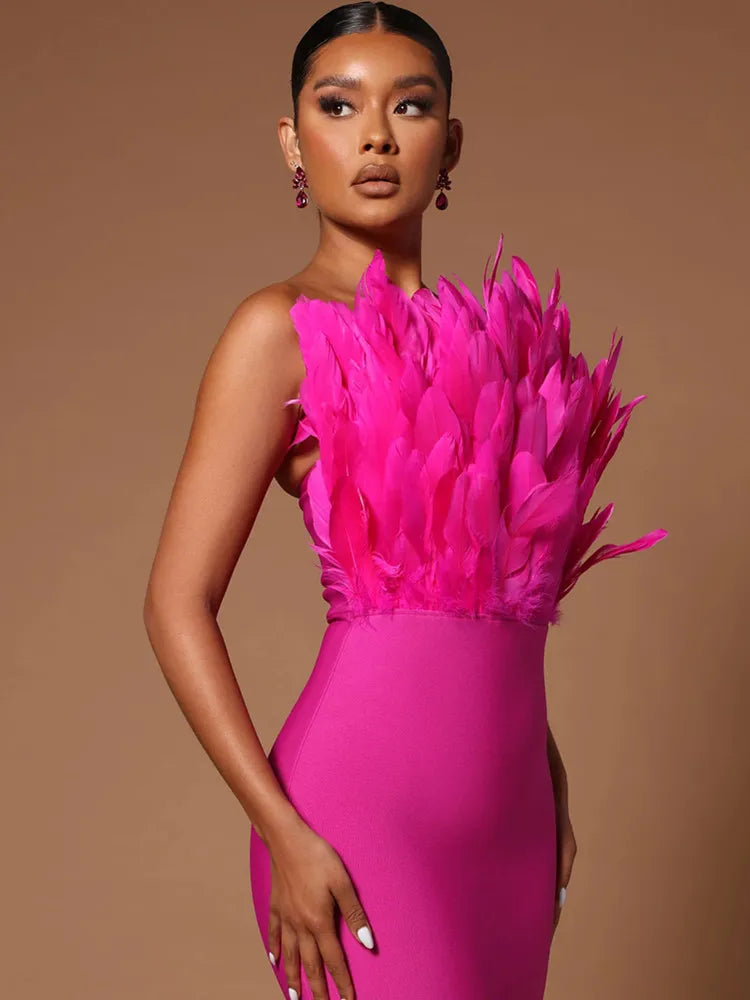 Summer Fashion Women Sexy Strapless Backless Brown Hot Pink Feather Bodycon Bandage Dress Elegant Evening Club Party Dress
