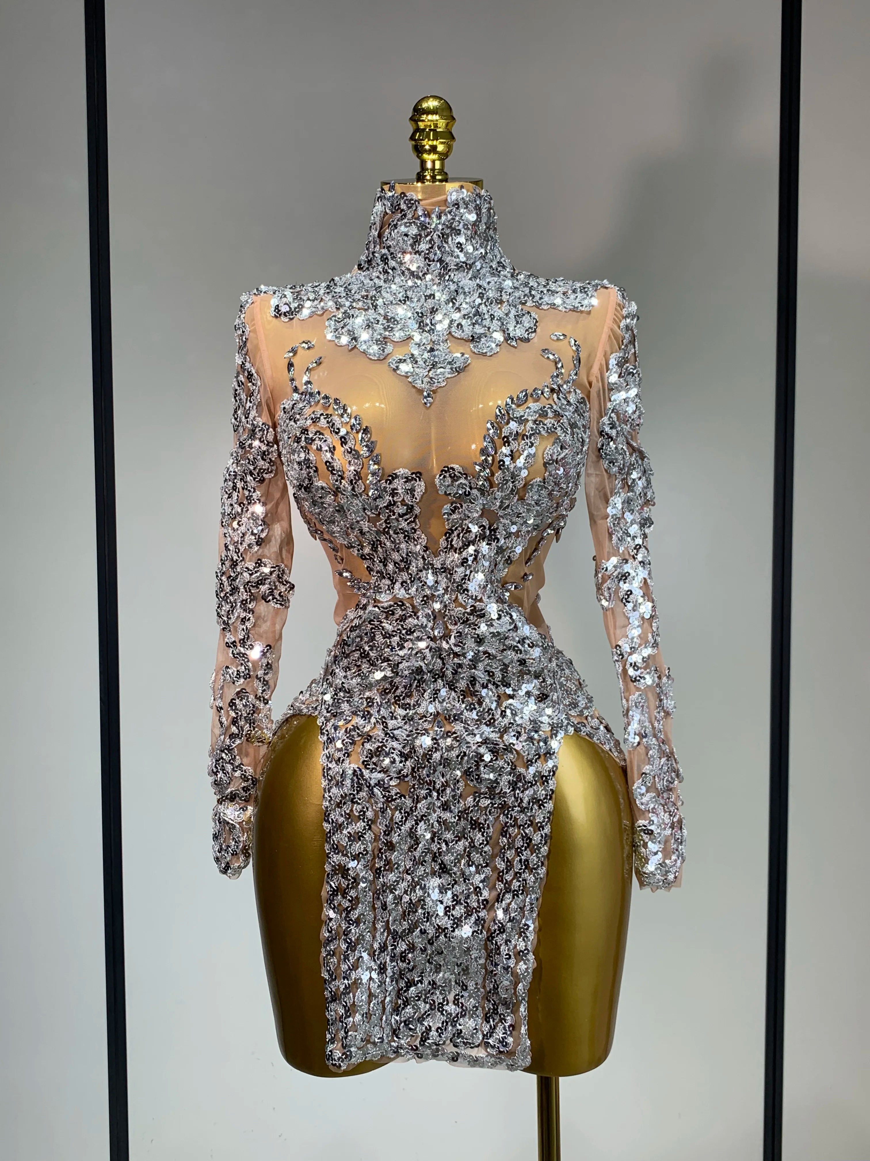 Women Long Sleeve Sexy Shinning Sequins Bodycon Mini Dress Mesh See Through Celebrate Birthday Evening Party Club Stage Outfit