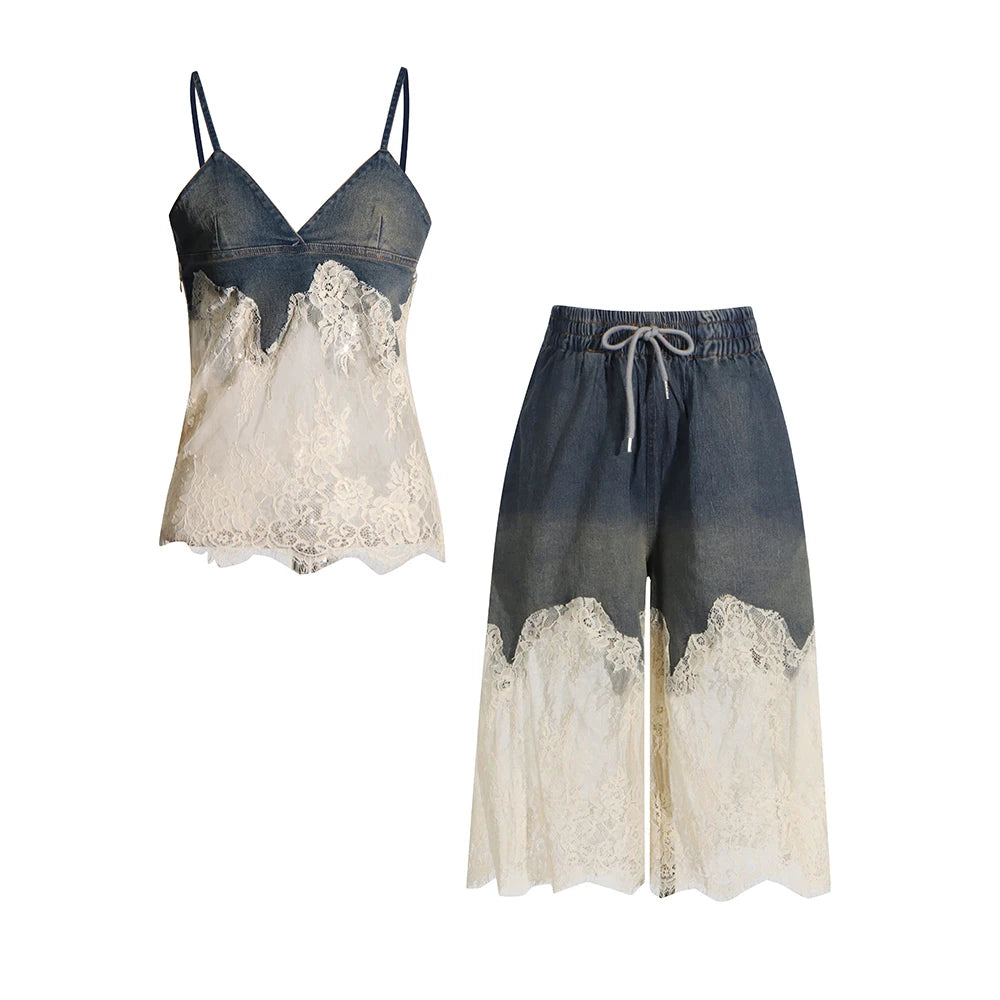 TWOTWINSTYLE Spliced Lace Denim Two Piece Set For Women V Neck Sleevelss Top High Waist Knee Length Pant Streetwear Sets Female