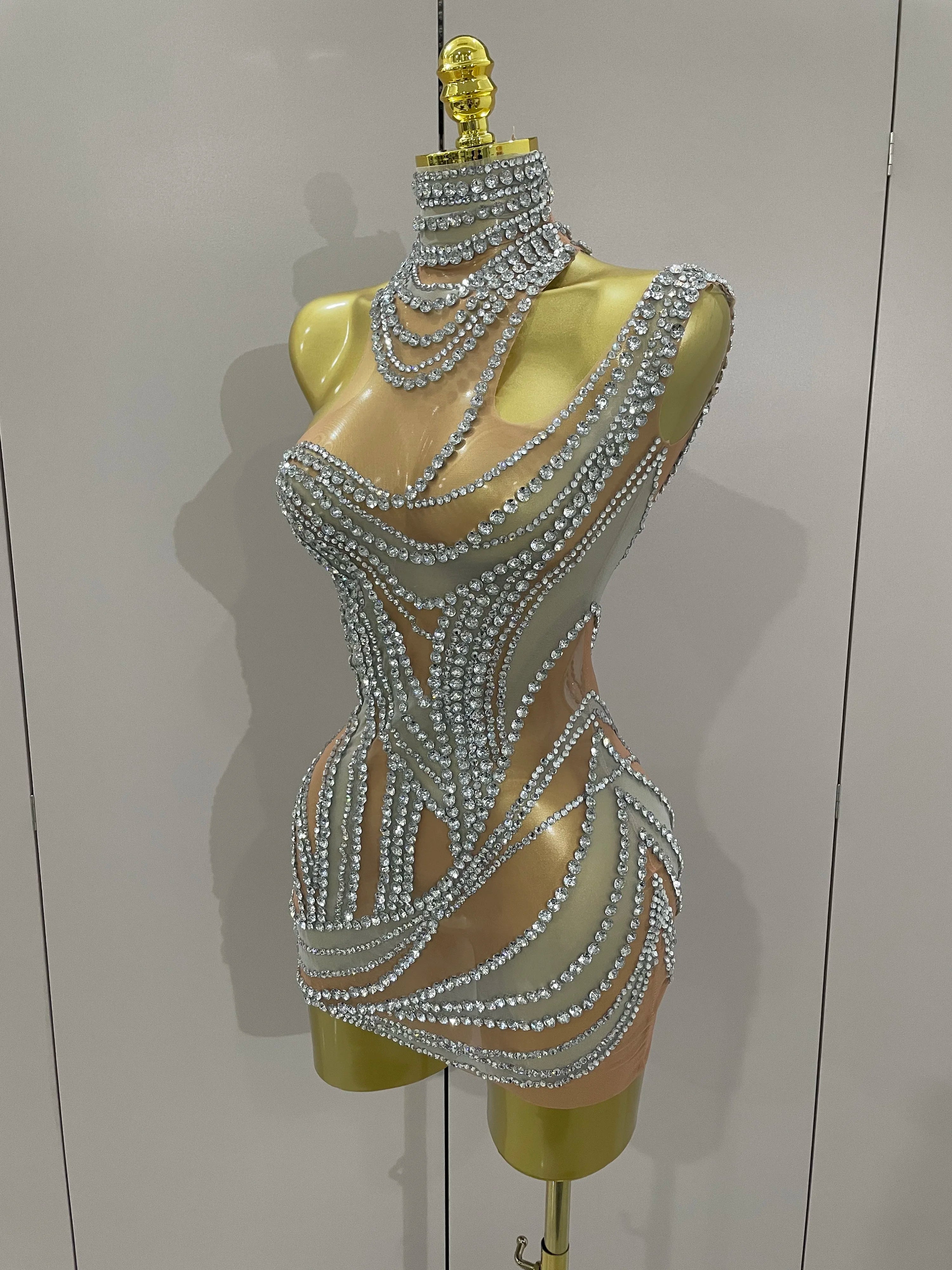 Luxury Sparkly Crystals See Through Mini Dress 2025Women Celebrate Birthday Party Gowns Singer Performance Stretch Stage Costume
