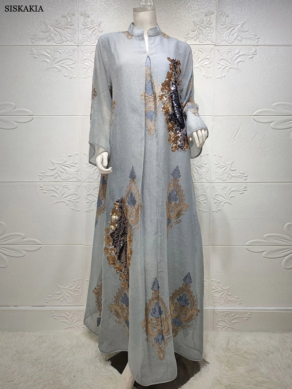 Dubai Fashion Mesh Sequins Embroidery Evening Party Gown Jalabiyat Saudi Arab Casual Robe African Women Caftan Clothing
