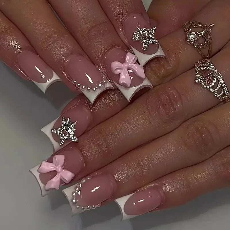 Black French Tips Press on Nails 3D White Bowknot Alloy Stars Designs Fake Nails Ballet Charms False Nails Korean Manicure 24Pcs