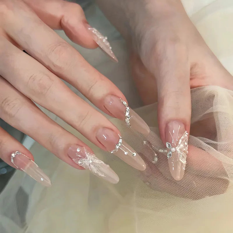 24Pcs Long Gradient Press on Fake Nails Full Cover Butterfly Rhinestone Design Gentle Oval Fashion Nail Detachable Nail Tips Art