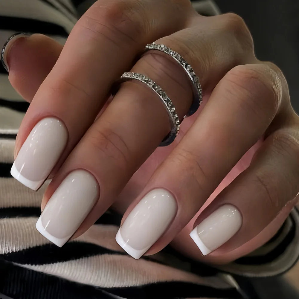 24Pcs White Fake Nails with Black/Red French Tips Medium-length Square Press On Nails Minimalist Acrylic Stick-on Nails Art