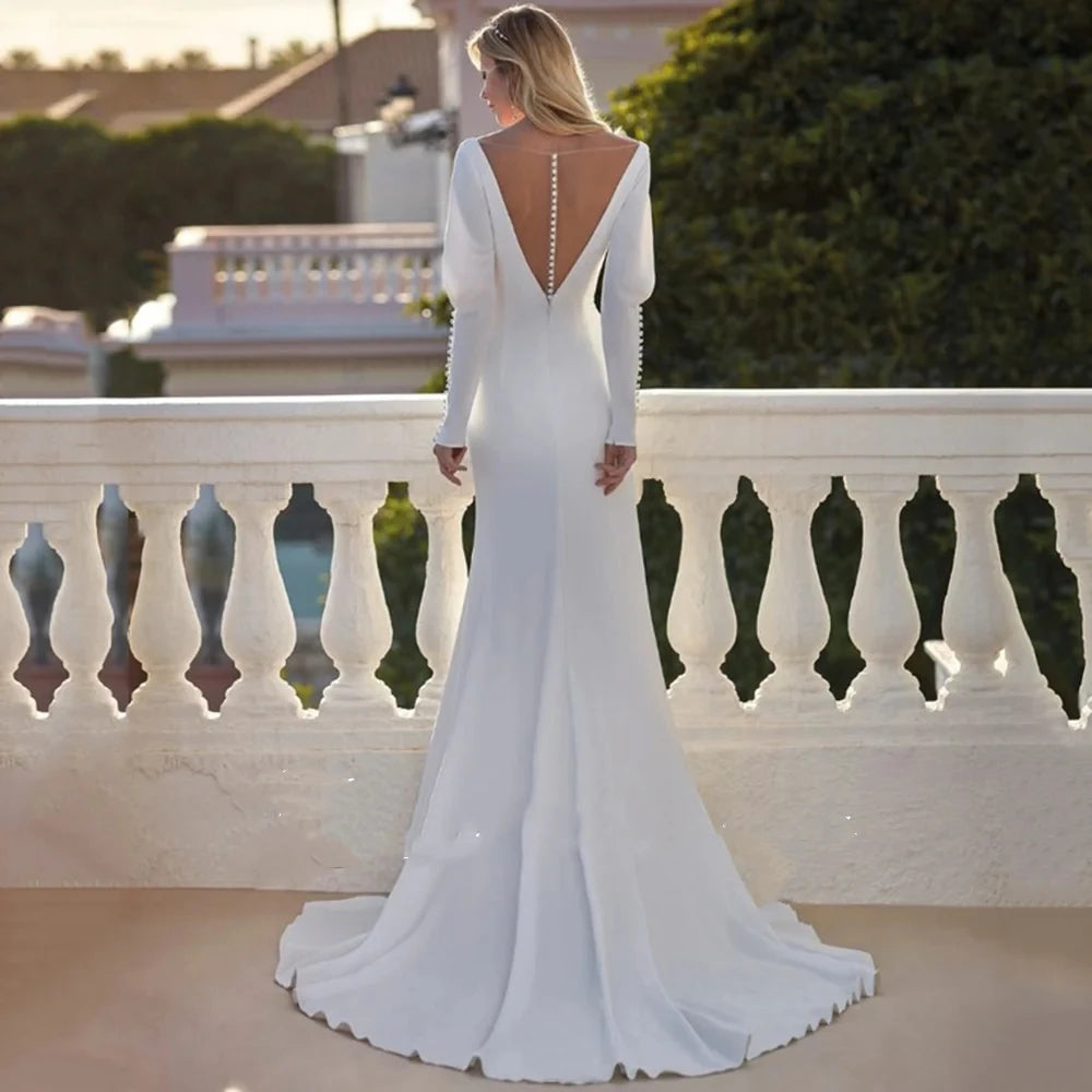 Mermaid White Wedding Dress For Women Long Sleeve Spandex Button Modern Bride Gown Customize To Measures Robe De Mariee