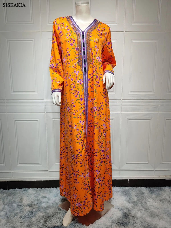 Kaftan Dubai Luxury Diamonds V-Neck Lace Tape Maxi Dress Chic Elegant Floral Print Muslim Turkish Party Evening Robe Clothing