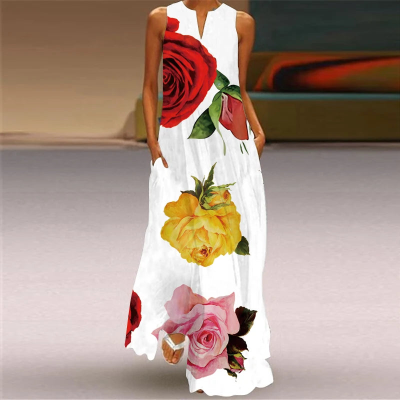 Fashionable Women's Hollow V-neck Maxi Dress Fresh Flower Print Sleeveless Loose Straight Beach Seaside Vacation Long Dress