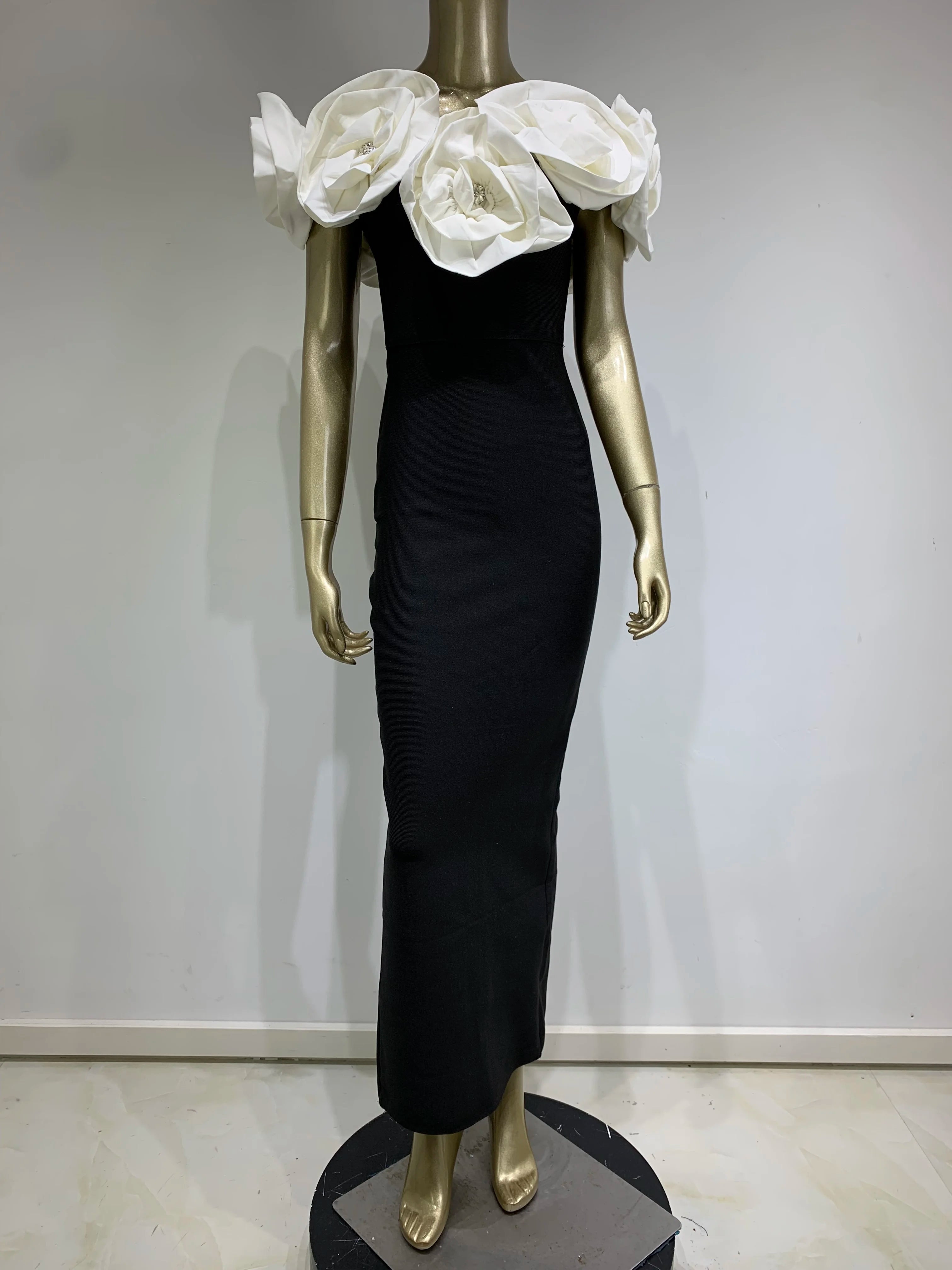 Women Celebrity Sexy Off Shoulder Flower Diamonds Black Maxi Long Bodycon Bandage Dress Elegant Evening Club Party Dress