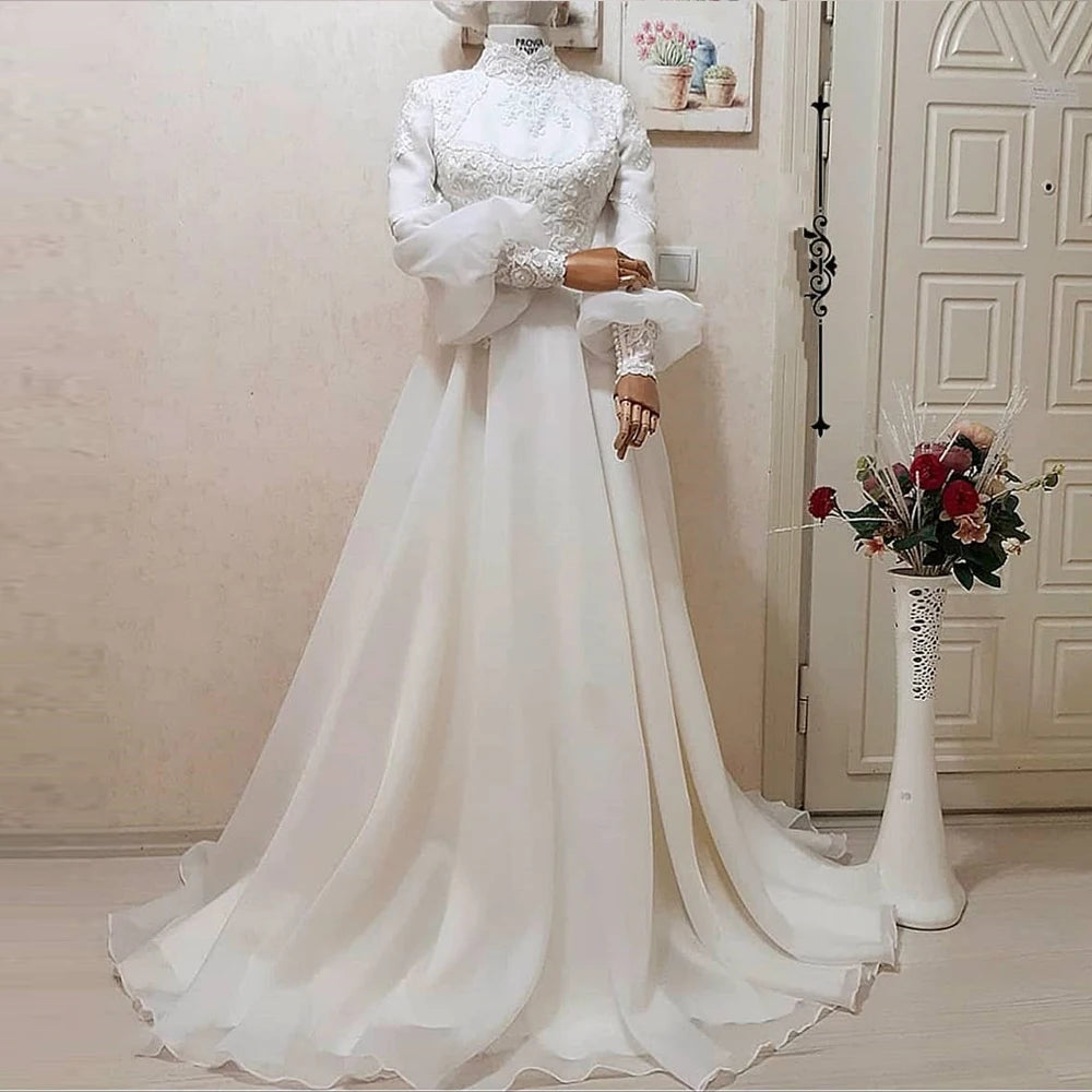 Vestido de novia musulmán elegante de corte A para novia, apliques de Organza de encaje árabe Dubai, vestidos de novia de manga larga