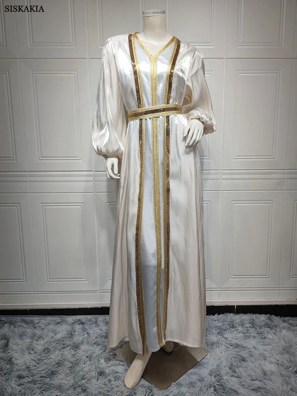 Dubai Abaya Luxury For Muslim Women Diamonds V-Neck Lace Tape Belted Kaftan 2pcs Modest Fashion Long Dresses Ramadan Clothes