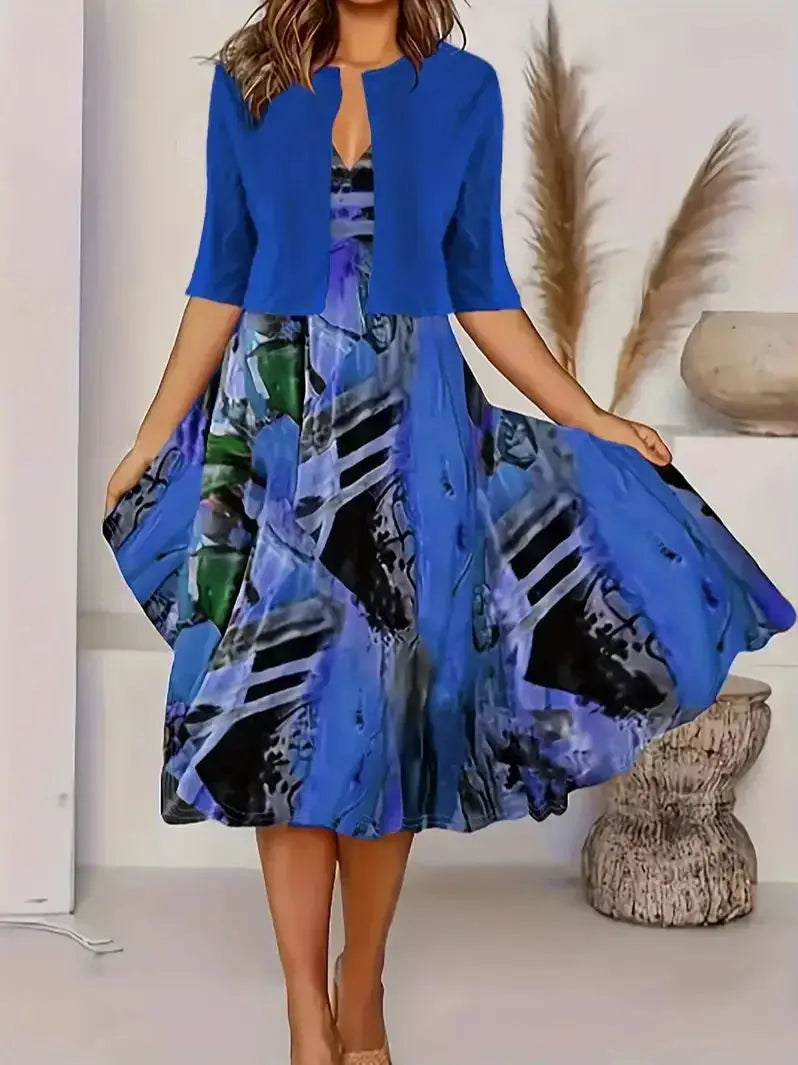 2025 autumn new women's long crewneck printed dress short needle two-piece cardigan short coat