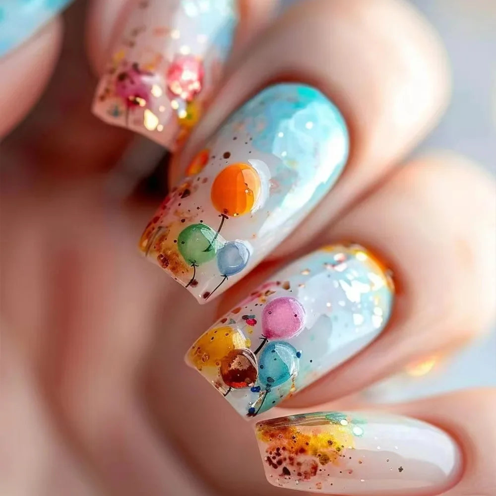24Pcs Wearing Fake Nails with Gold Foil Glitter Rose Flowers French Ballet Acrylic Nail Set Removable Elegant Finished Manicure