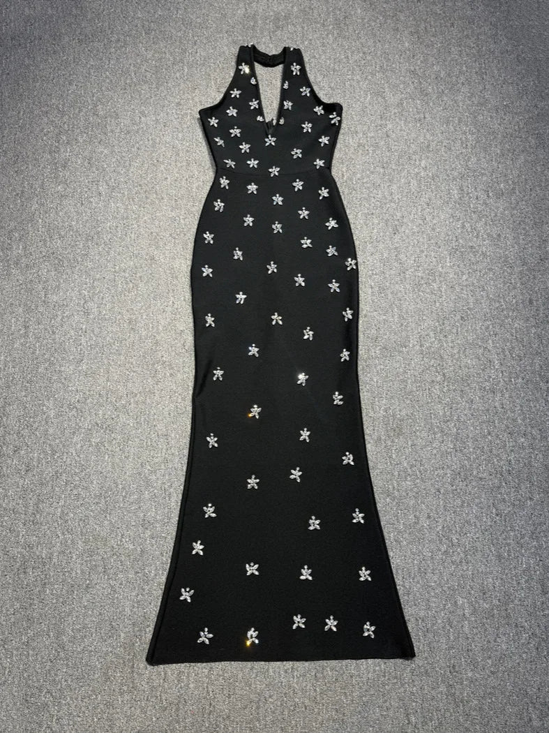 High Quality Women Sleeveless Sexy Halter Off the Shoulder Shinning Crystal Bodycon Long Bandage Dress Celebrate Evening Outfit