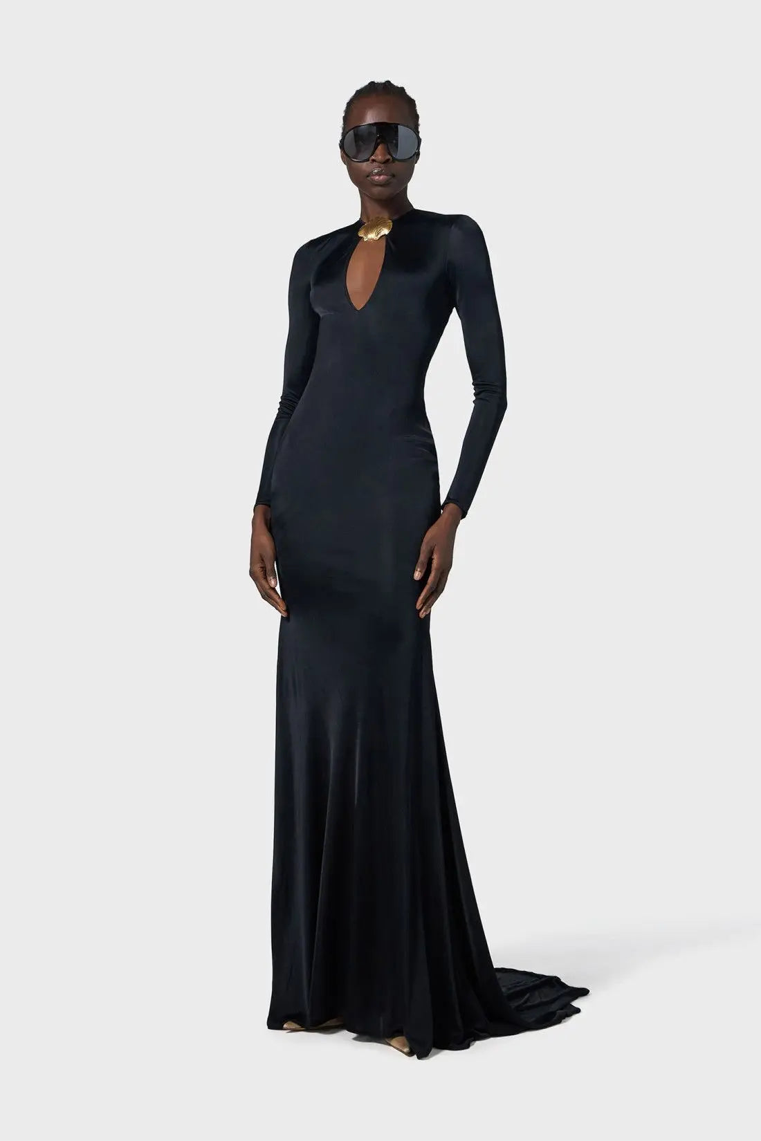 New Arrival Black Color Women Sexy Long Sleeve Keyholes Backless Floor-length Dress Elegant Evening Party Celebrate Outfit