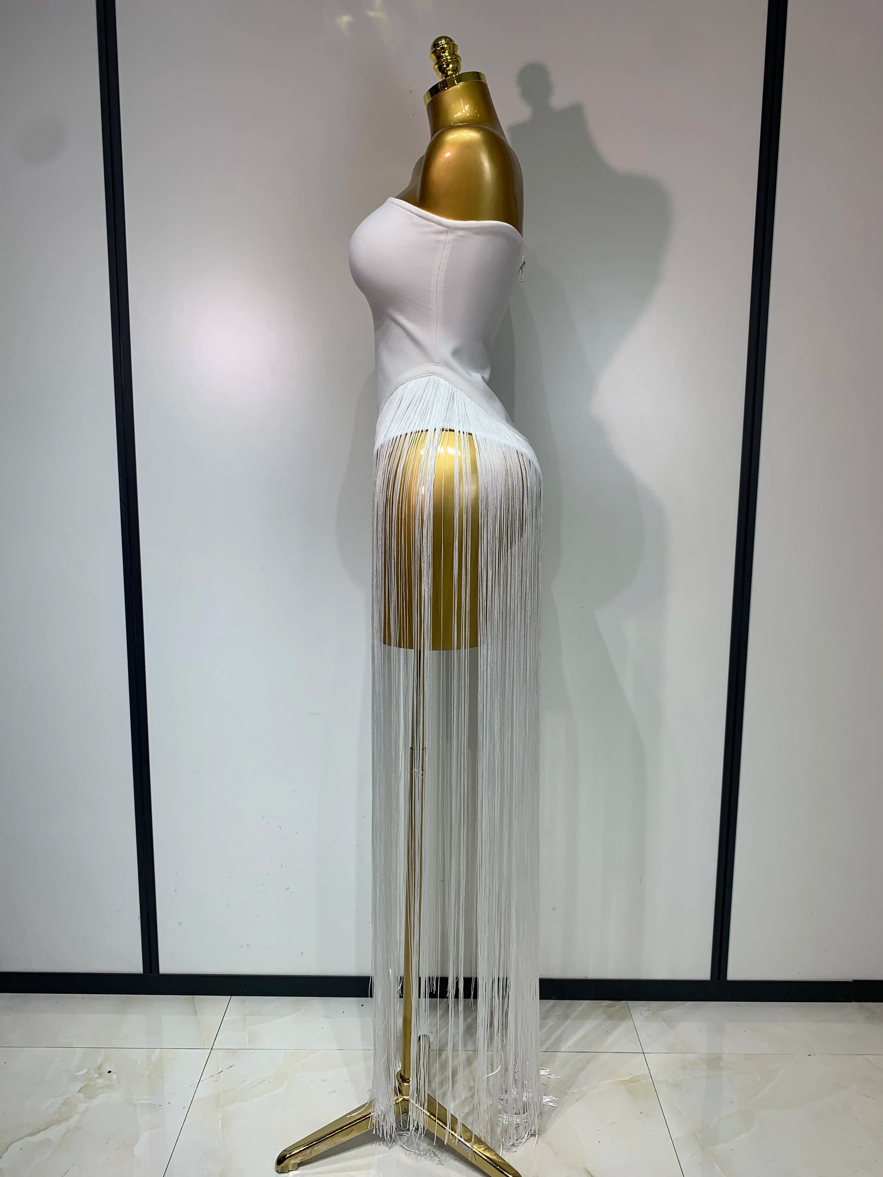 Women Sexy White Elegant Strapless Long Tassels Bandage Bodysuit Evening Party Luxury Birthdy Nightclub Singer Stage Outfit