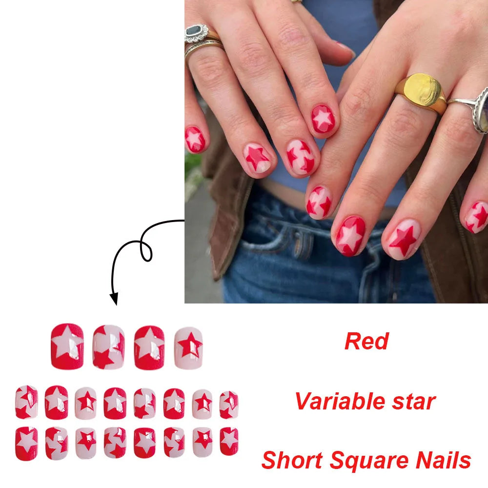 Short Round Head Fake Nails Y2K Girls Press on Nails Pink Star Designs Party Holiday Charms Manicure Women False Nails Patches