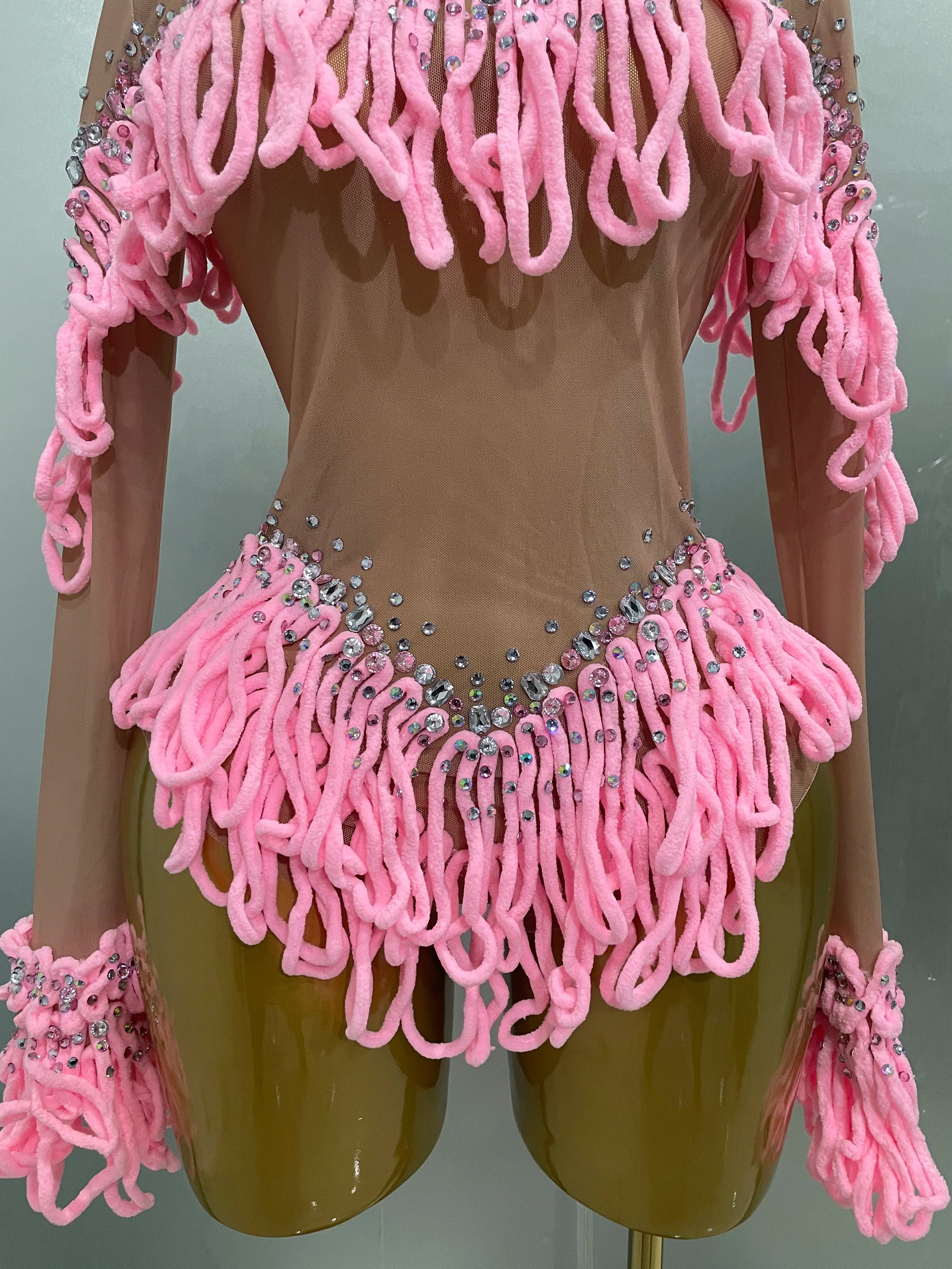 2025 New Women Shining Rhinestones Sexy Mesh Tassels Bodysuit Birthday Party Club Performance Dance DJ Leotard Show Stage Wear