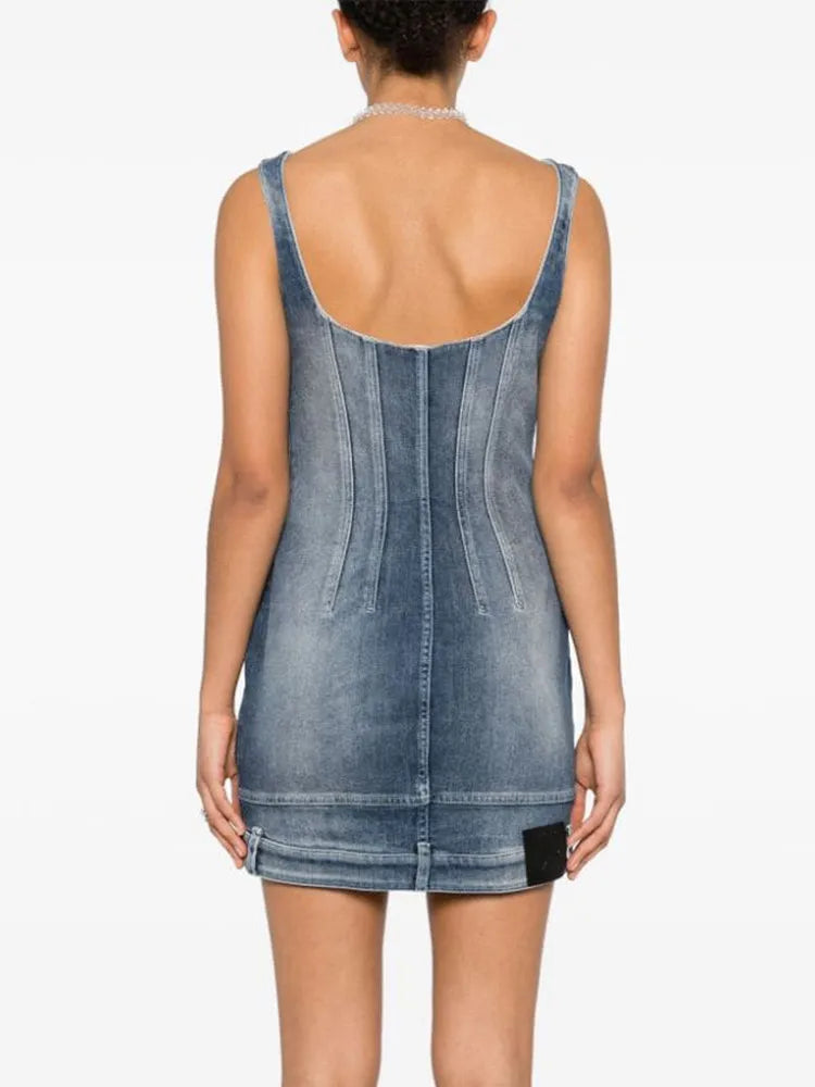 TWOTWINSTYLE Slimming Chic Denim Dresses For Women Square Collar Sleeveless High Waist Backless Mini Dress Female Fashion New