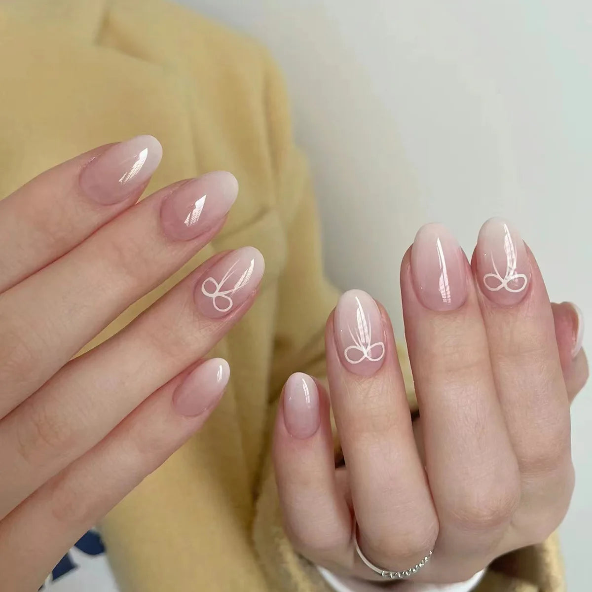 Almond Fake Nails Nude Color Press on Nails Bowknot Designed Simple Wearable False Nails Tips for Women DIY Manicure 24Pcs