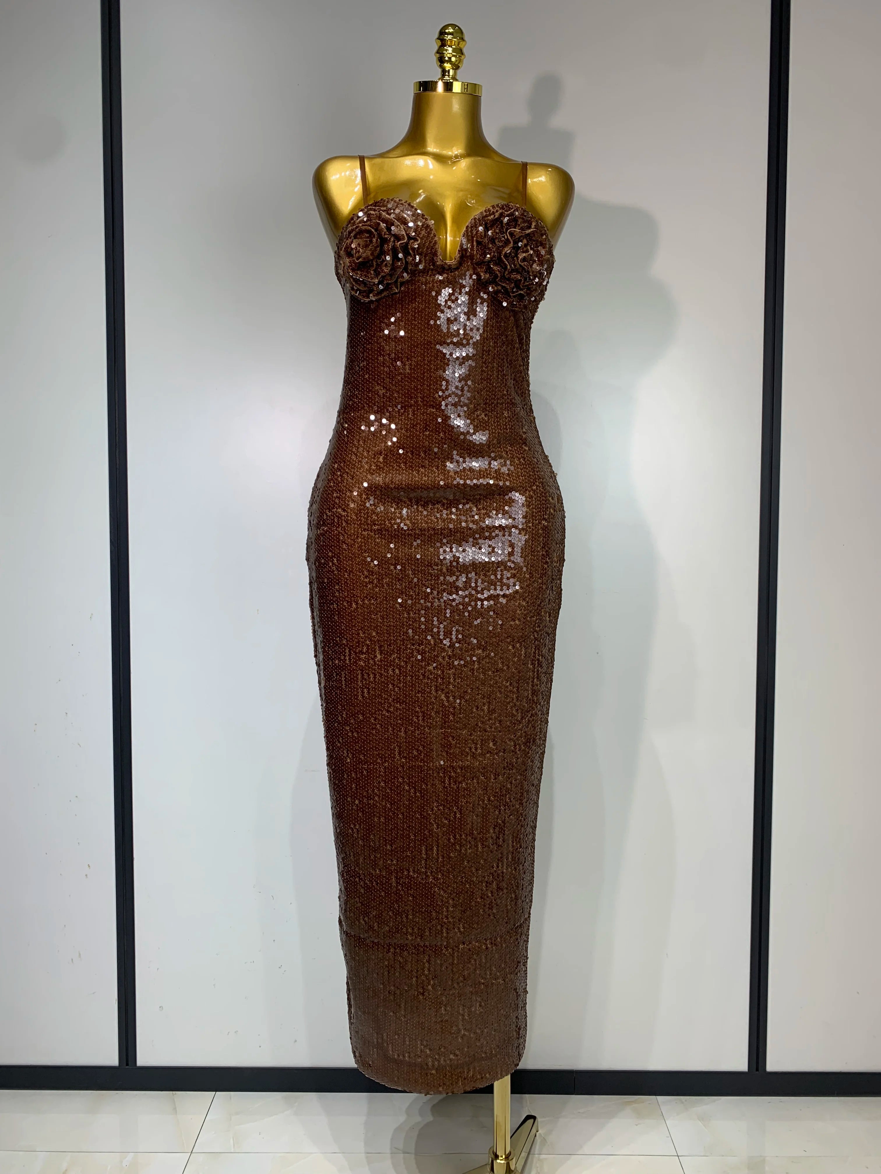 Women Luxury Sexy Sleeveless Backless Mesh Sequins Flower Brown Bodycon Maxi Dress Club Elegant Celebrity  Evening Party Dress