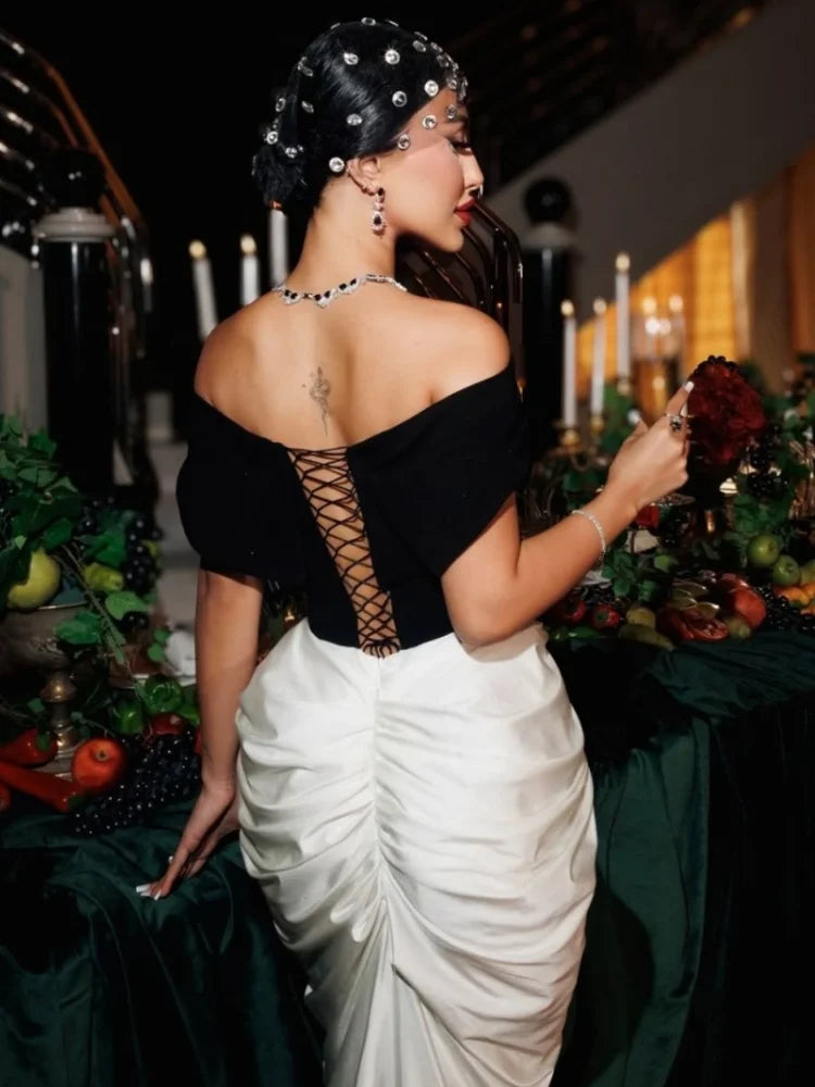 2025 New Arrival Women Sexy Off the Shoulder Laced-up Bodycon Long Maxi Dress Evening Party Celebrate Cocktail Outfit